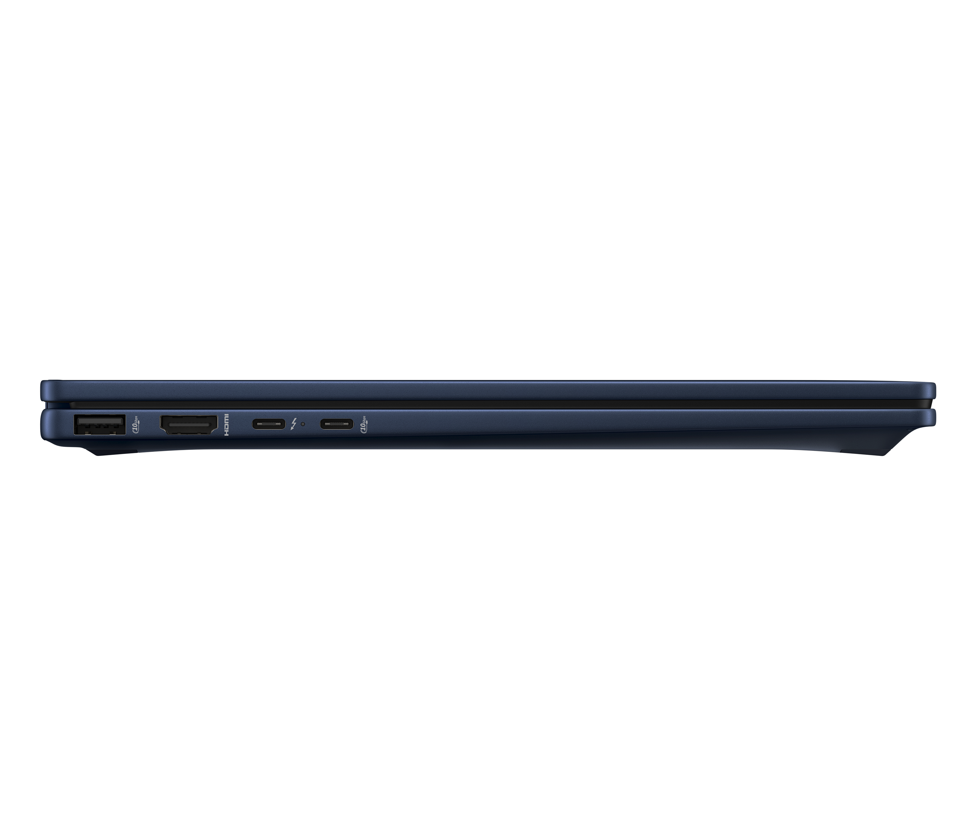 Widok z boku niebieskiego laptopa na czarnym tle. Widoczne porty to USB, HDMI i USB-C.