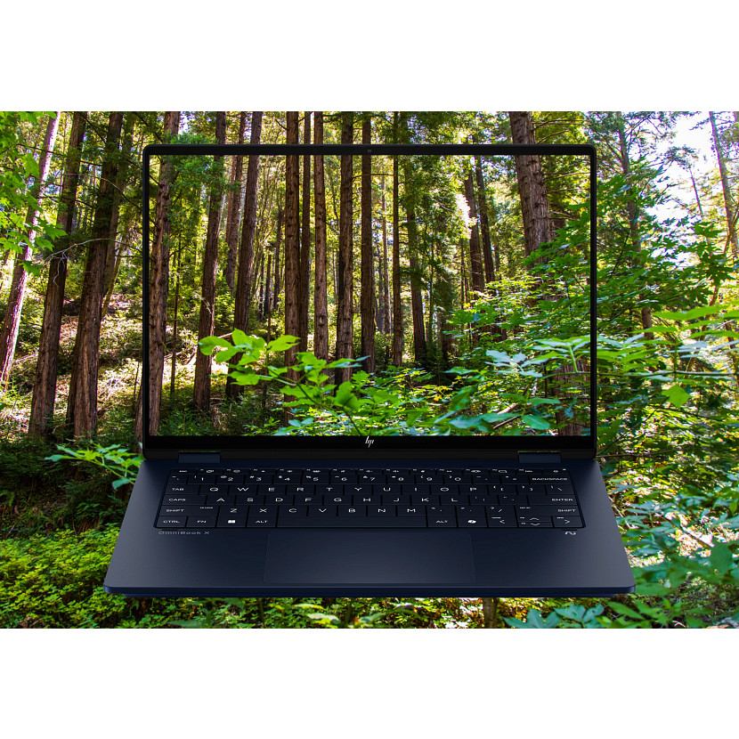 Laptop wyświetla scenę leśną. Laptop jest otwarty, pokazując klawiaturę. Drzewa i zielone liście są widoczne w tle.