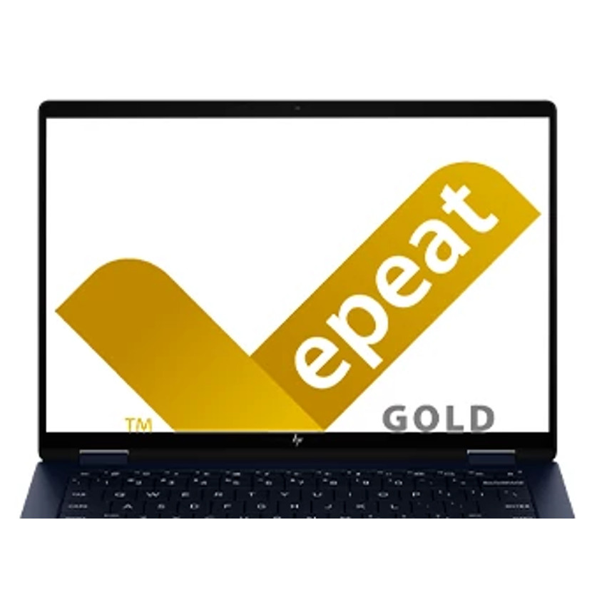 Ekran laptopa z logo epeat gold. Logo przedstawia złoty znak wyboru ze słowami 'epeat' i 'GOLD'.