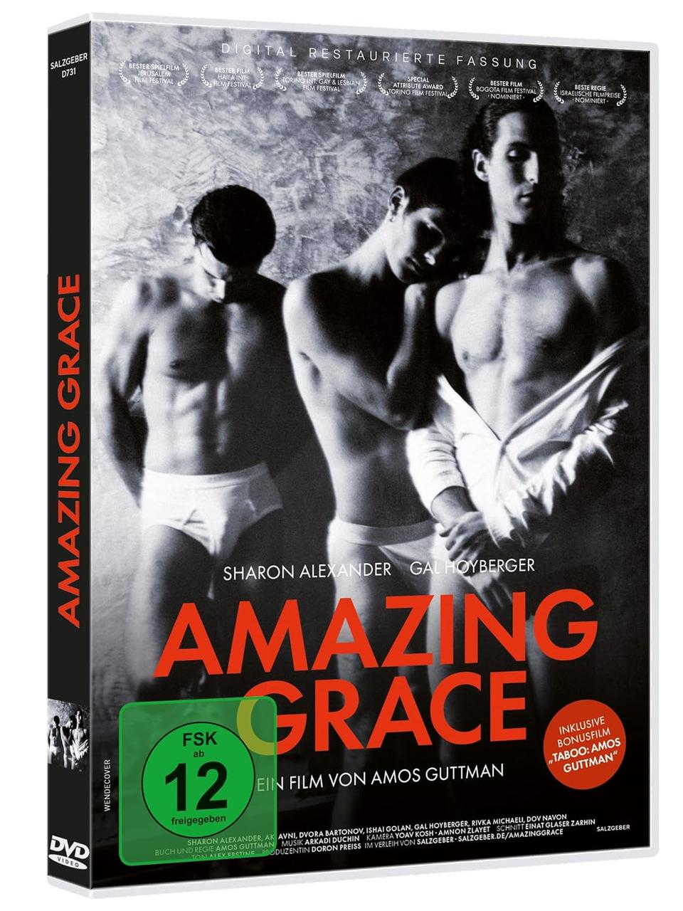 DVD-Cover von 'Amazing Grace' mit drei Männern ohne Hemd. Text enthält Namen der Schauspieler und Filmpreise.