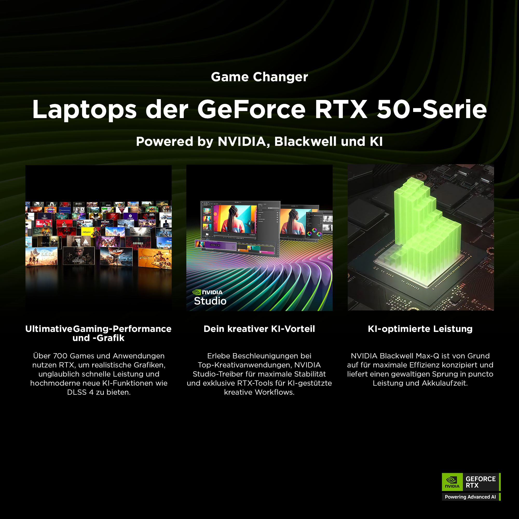 Das Bild bewirbt GeForce RTX 50-Serie-Laptops. Es zeigt Spiel-Screenshots, eine Videoschnittstelle und eine grüne Grafik.