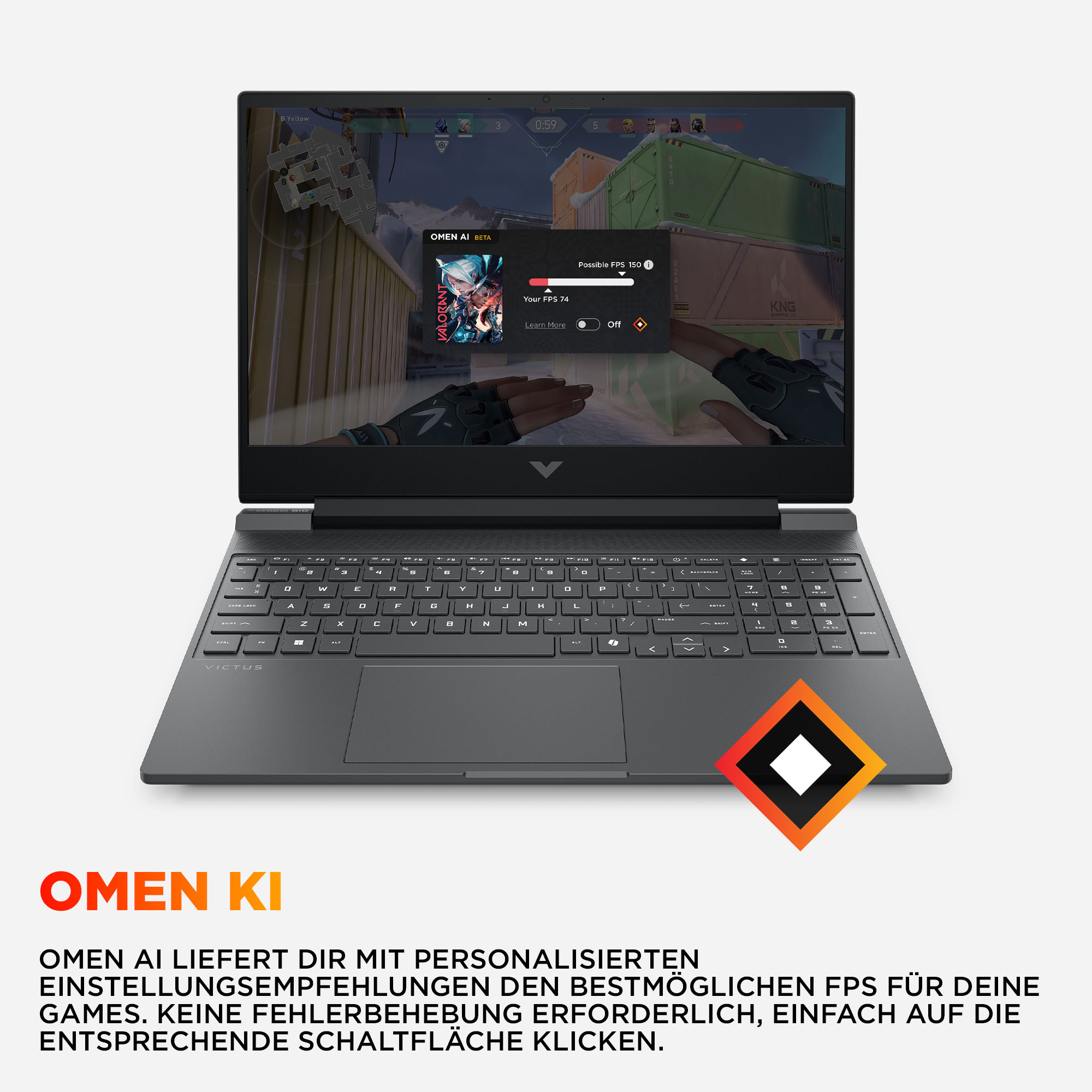 Ein Laptop zeigt ein Spiel mit einer KI-Oberfläche an. Die Tastatur ist sichtbar und das Logo befindet sich unten.