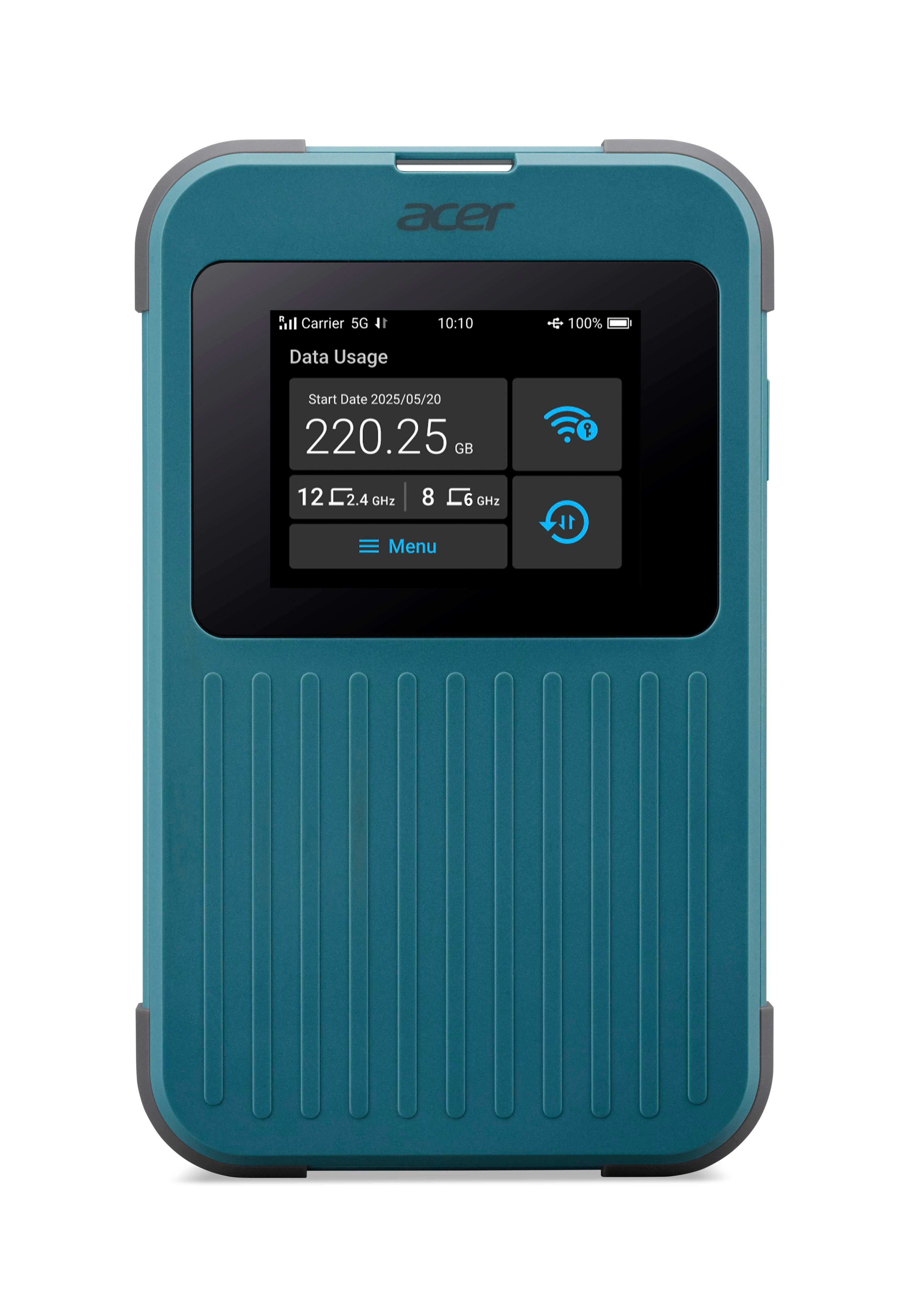 Ein türkisfarbenes Acer-Gerät zeigt die Datennutzung auf dem Bildschirm an, darunter 220,25 GB, WLAN und andere Einstellungen.