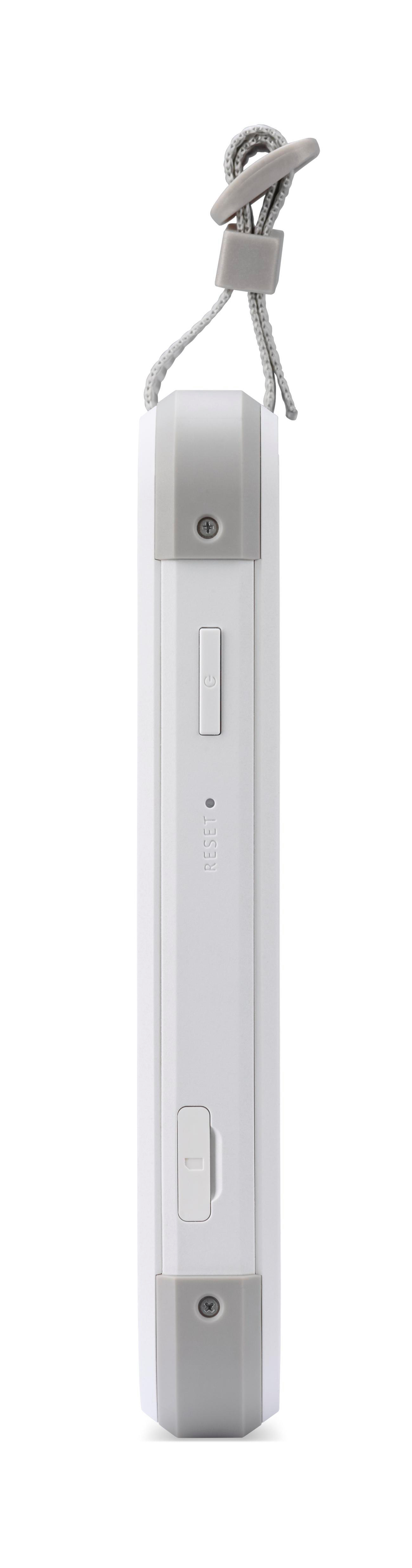Weißes Gerät mit grauen Akzenten, einem Lanyard und Knöpfen. Es hat einen Power-Button, Reset-Button und einen Schalter.