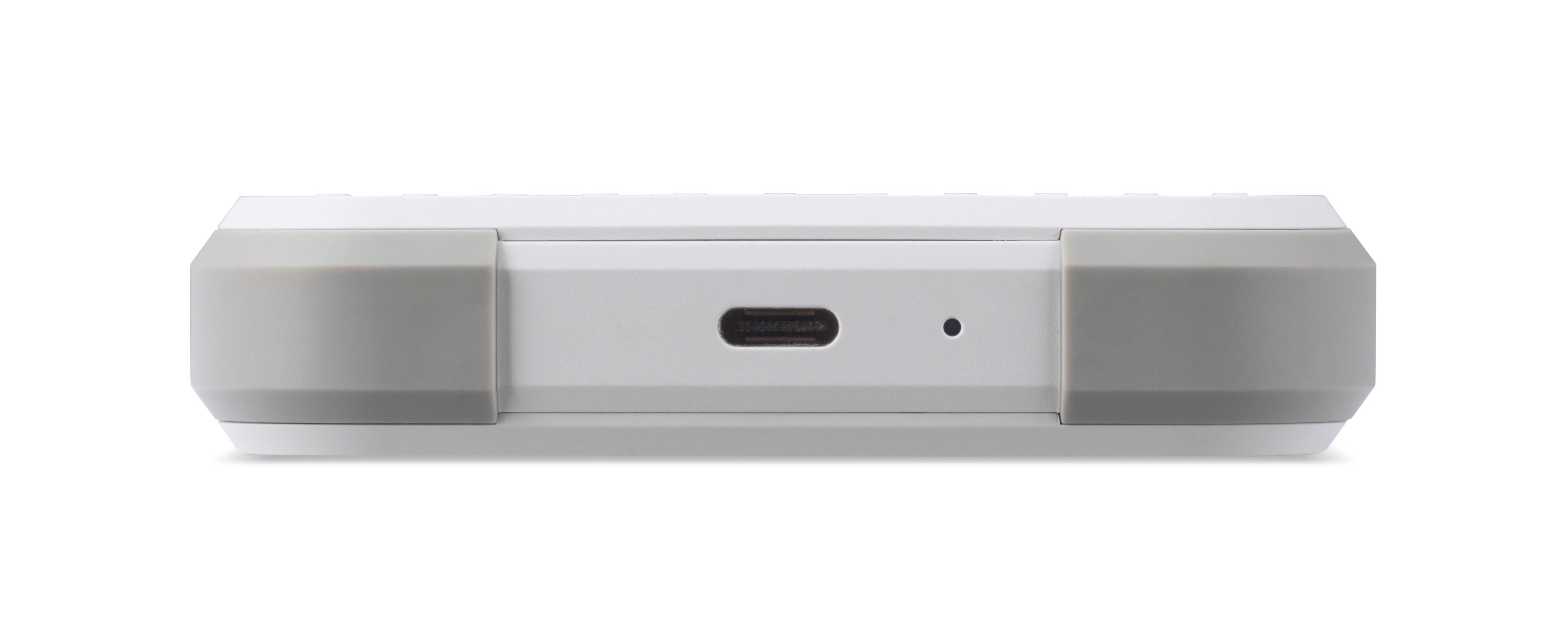 Ein weißes und graues elektronisches Gerät mit USB-C-Anschluss und grauen Stoßfängern auf weißem Hintergrund.