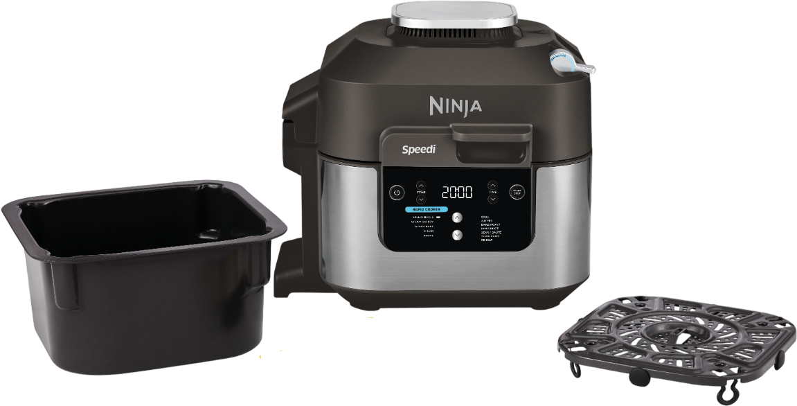 Ninja Speedi Multikocher mit Zubehör: schwarzer Kochtopf, Kochgestell. Das Gerät ist schwarz und silber.
