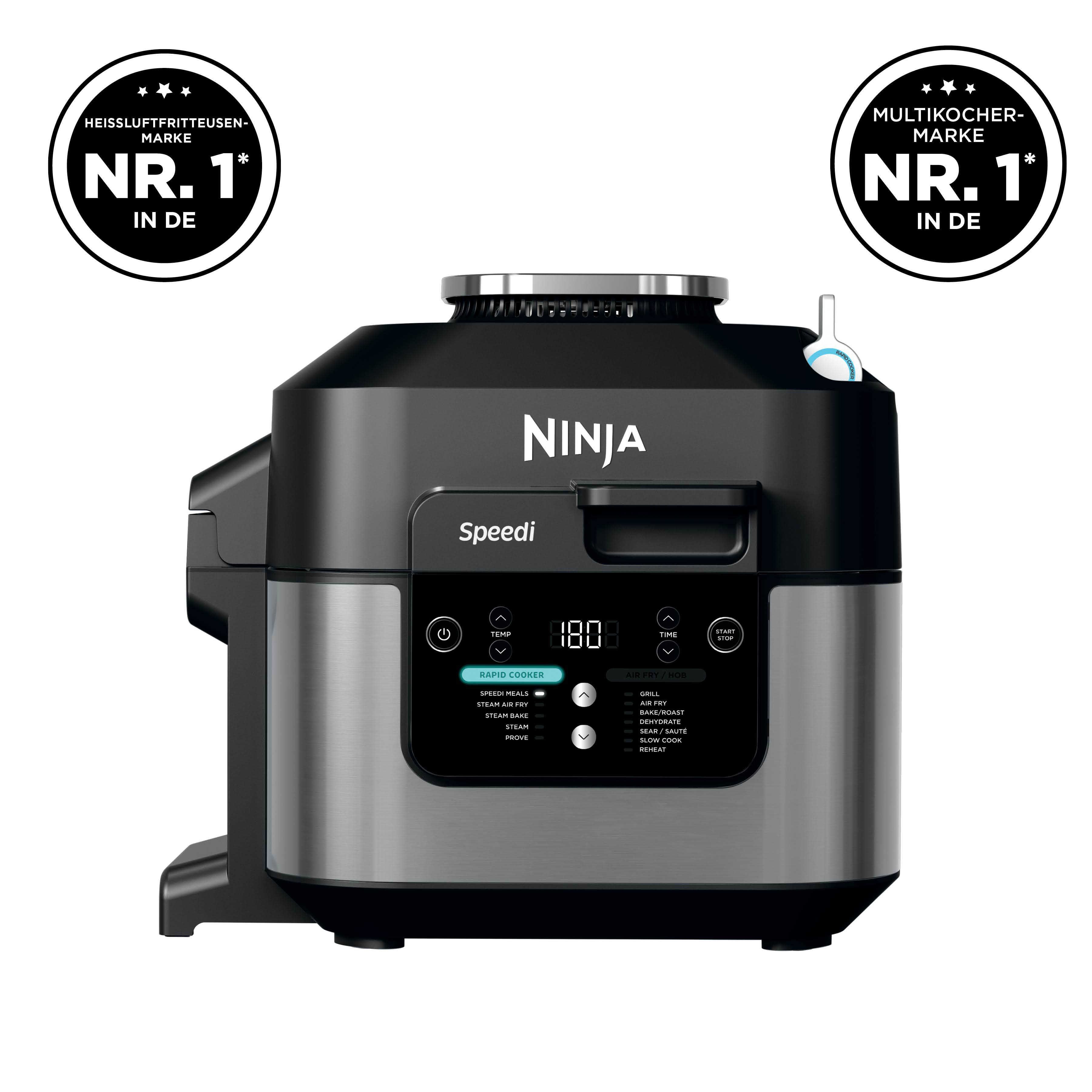 Ninja Speedi Schnellkochtopf, schwarz und silber. Bedienelemente umfassen Temperatur, Zeit und Kochmodi.