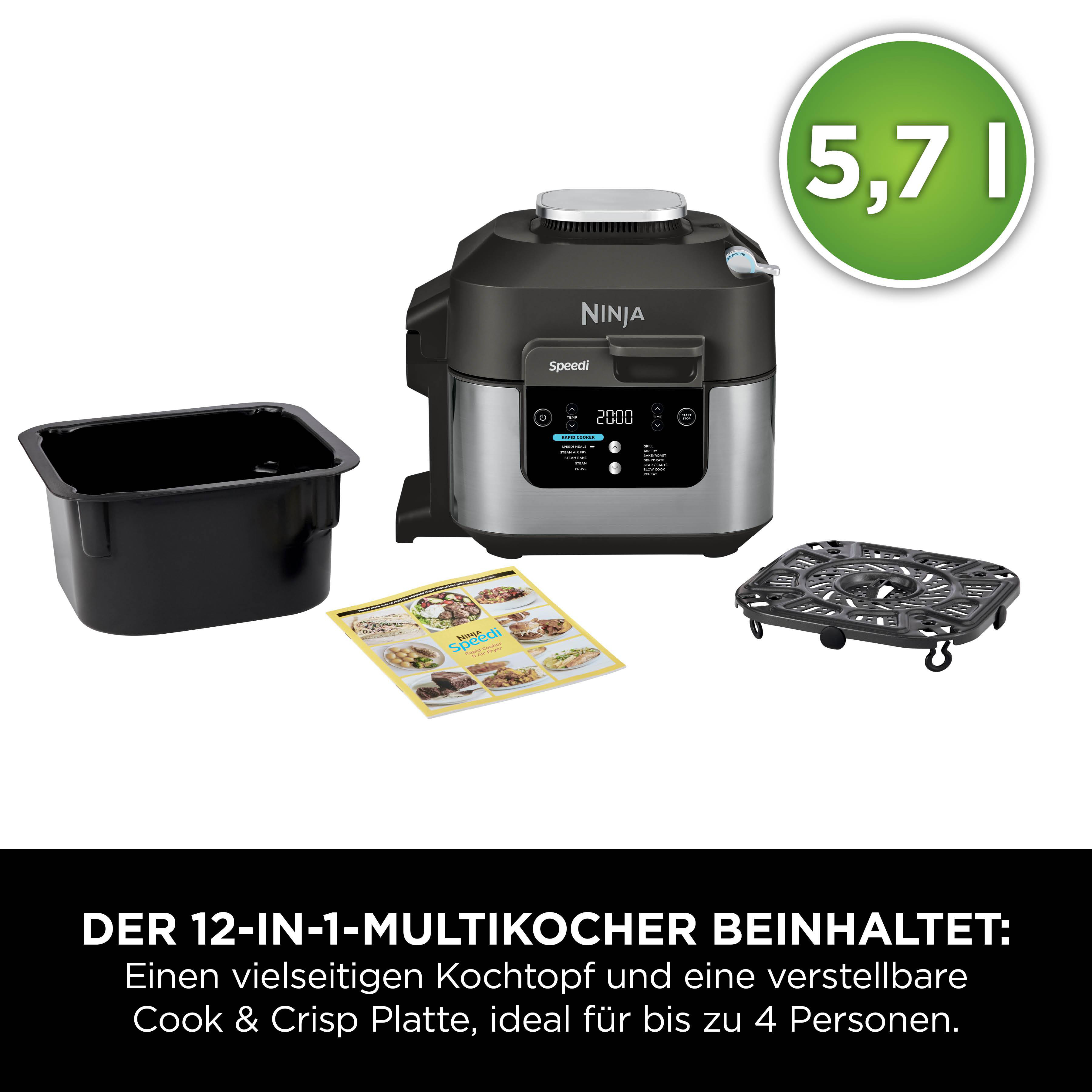 Ninja Speedi, ein schwarz-silberner Multikocher mit Zubehör. Enthält einen schwarzen Topf, einen Grill und ein Heft.