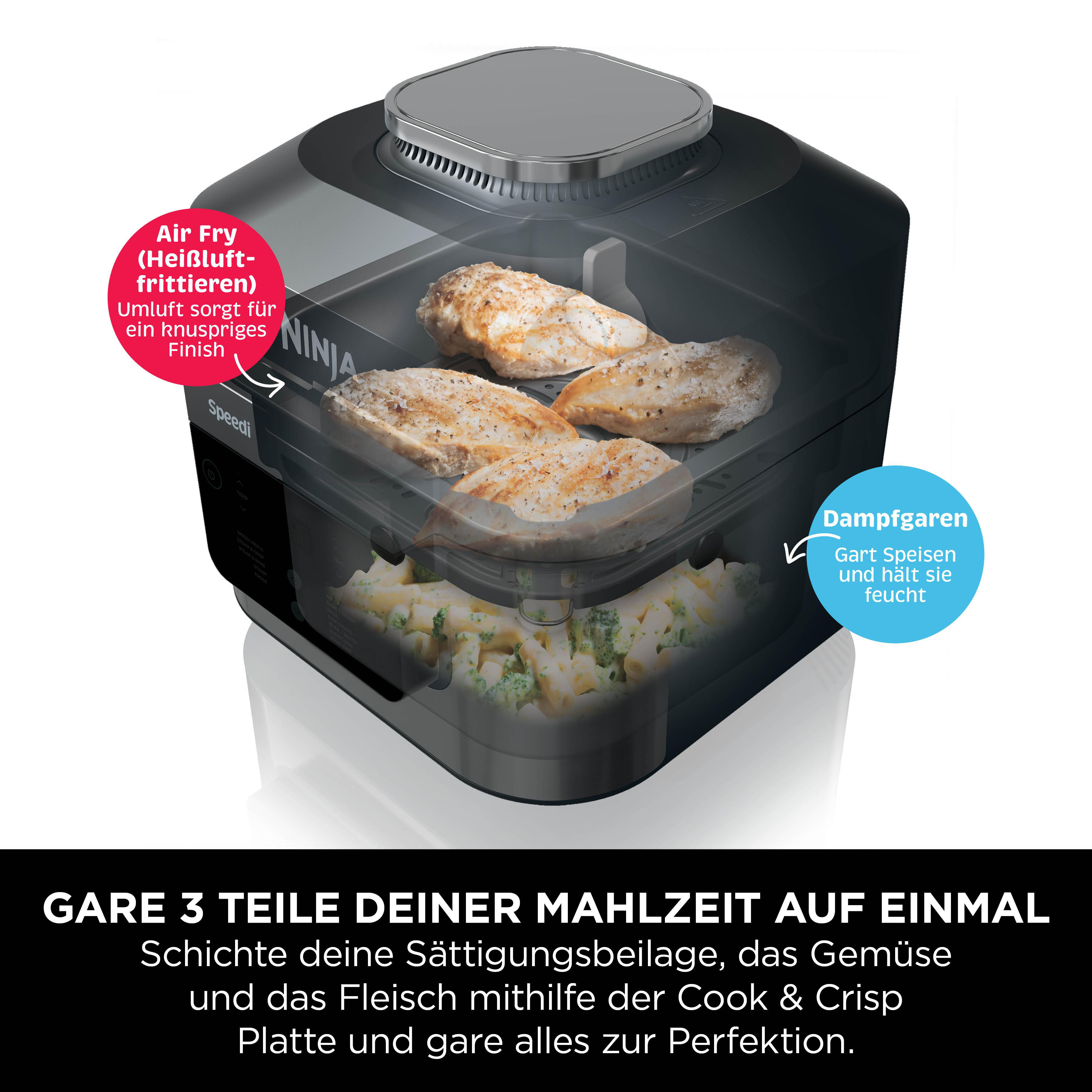 Ein Airfryer mit Speisen, darunter Hähnchenbrust und Gemüse. Text zeigt Airfryen- und Dampfgaroptionen.