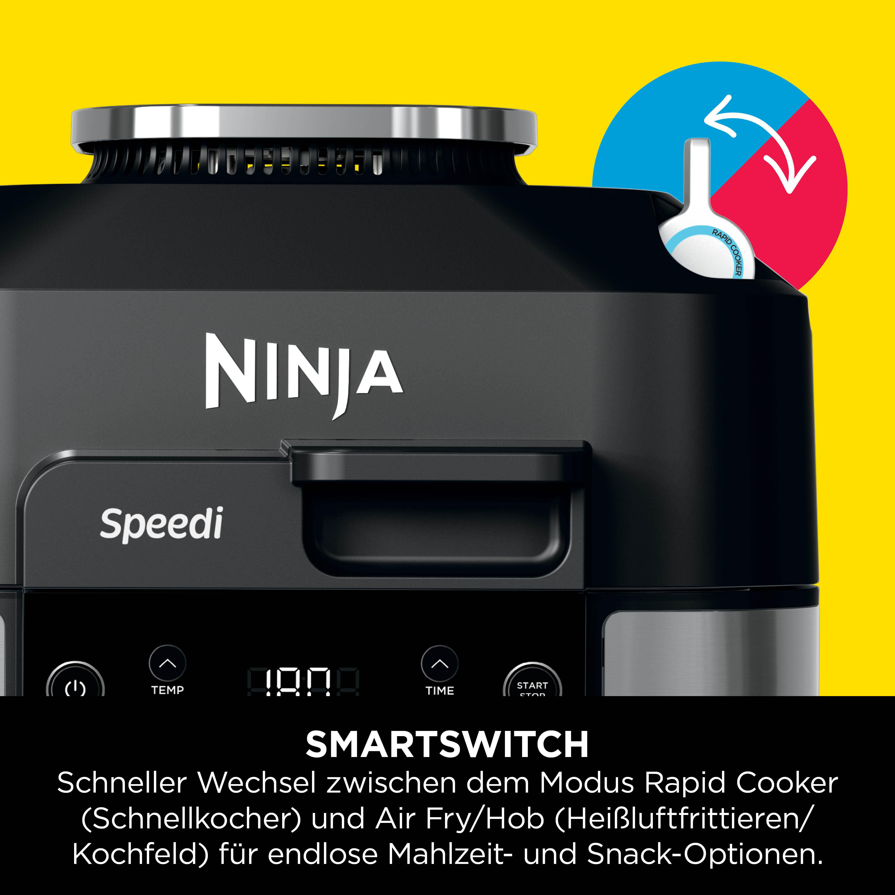 Ninja Speedi, schwarz und silber, auf gelbem Hintergrund. Text: Smartswitch. Schnellkoch- und Air Fry-Optionen.