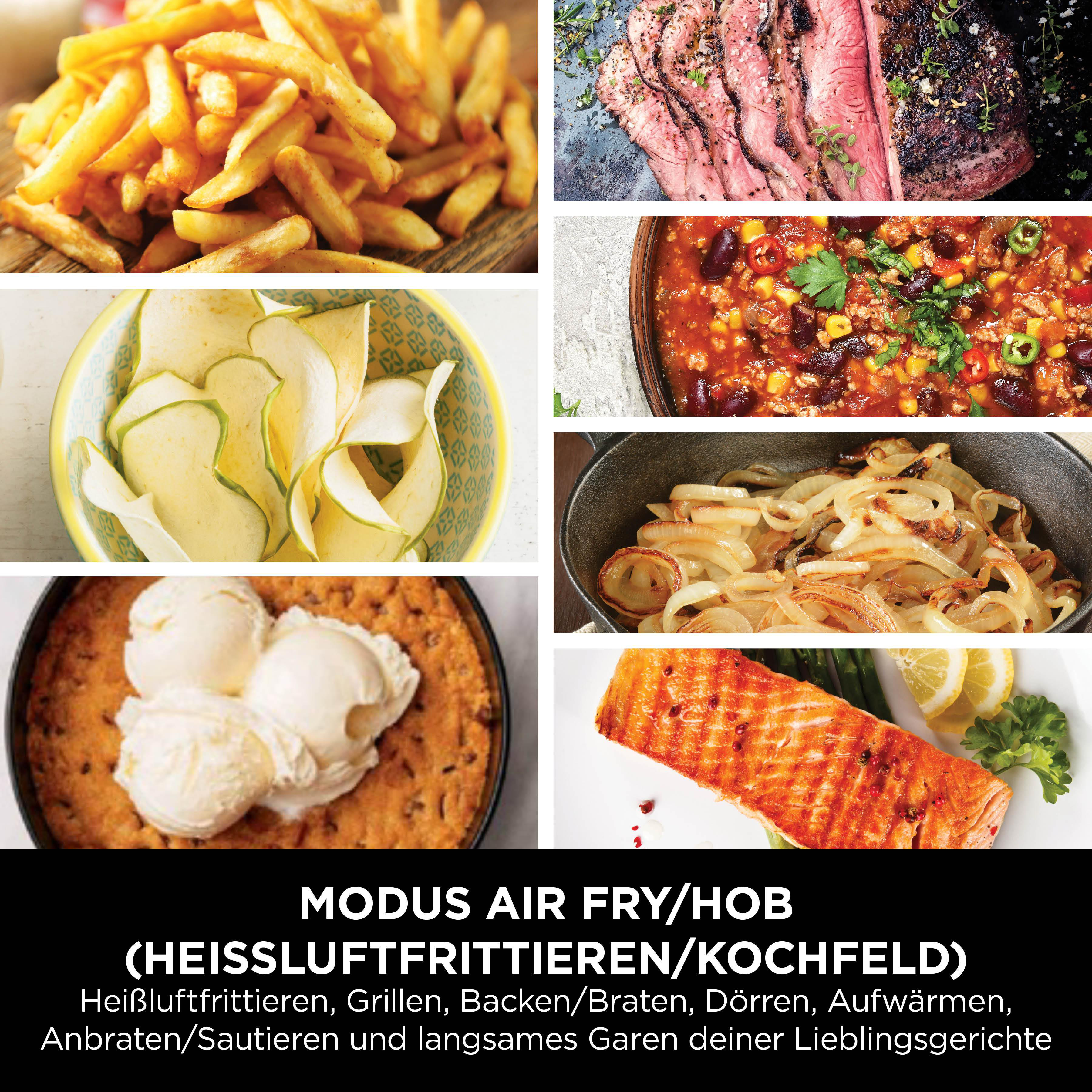 Das Bild zeigt verschiedene gekochte Speisen: Pommes, Steak, Chili, Apfelchips, Zwiebeln, Keks mit Eis und Lachs.