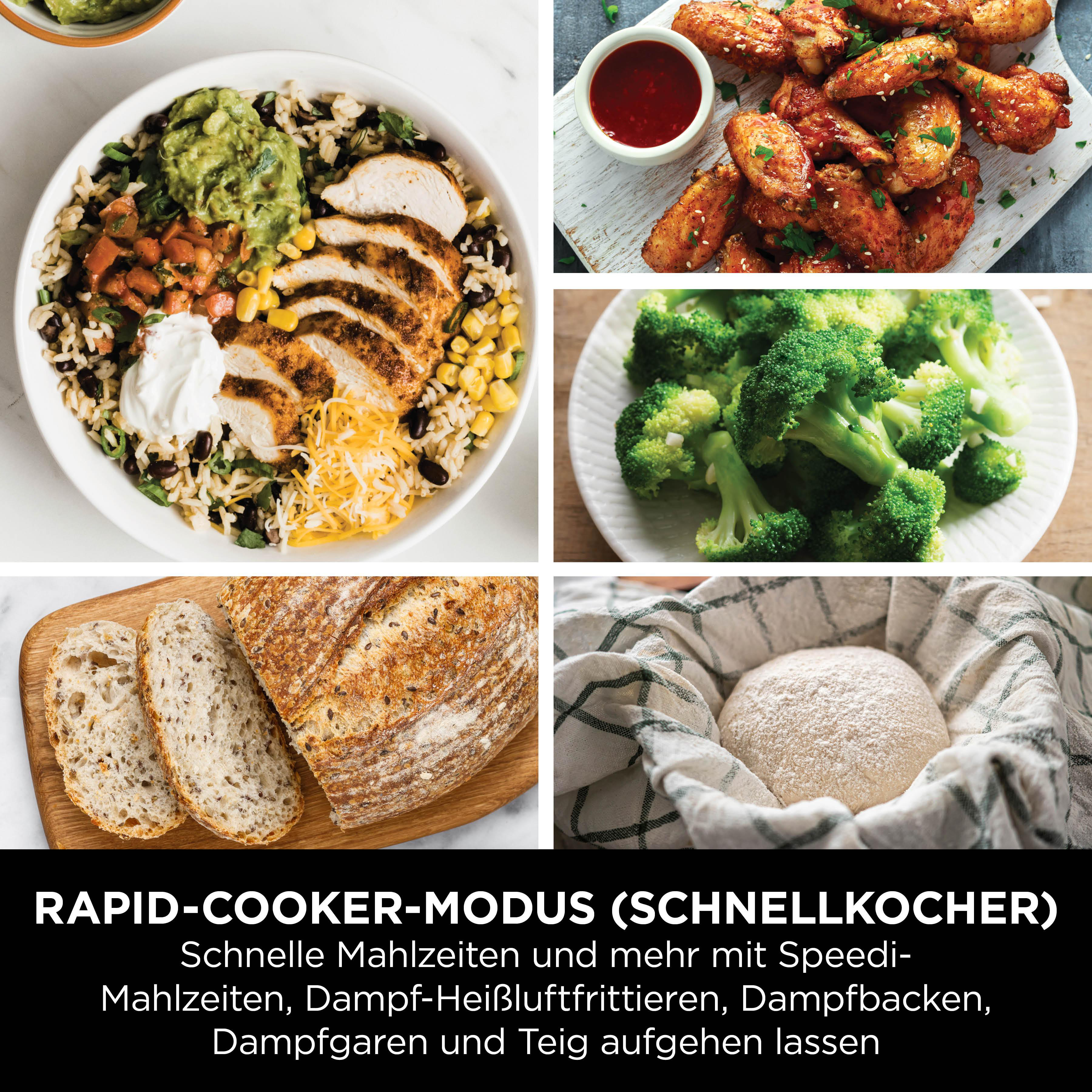 Das Bild zeigt verschiedene Gerichte: Hähnchen-Bowl, Hähnchenflügel mit Soße, Brokkoli, Brotscheiben und Teig.
