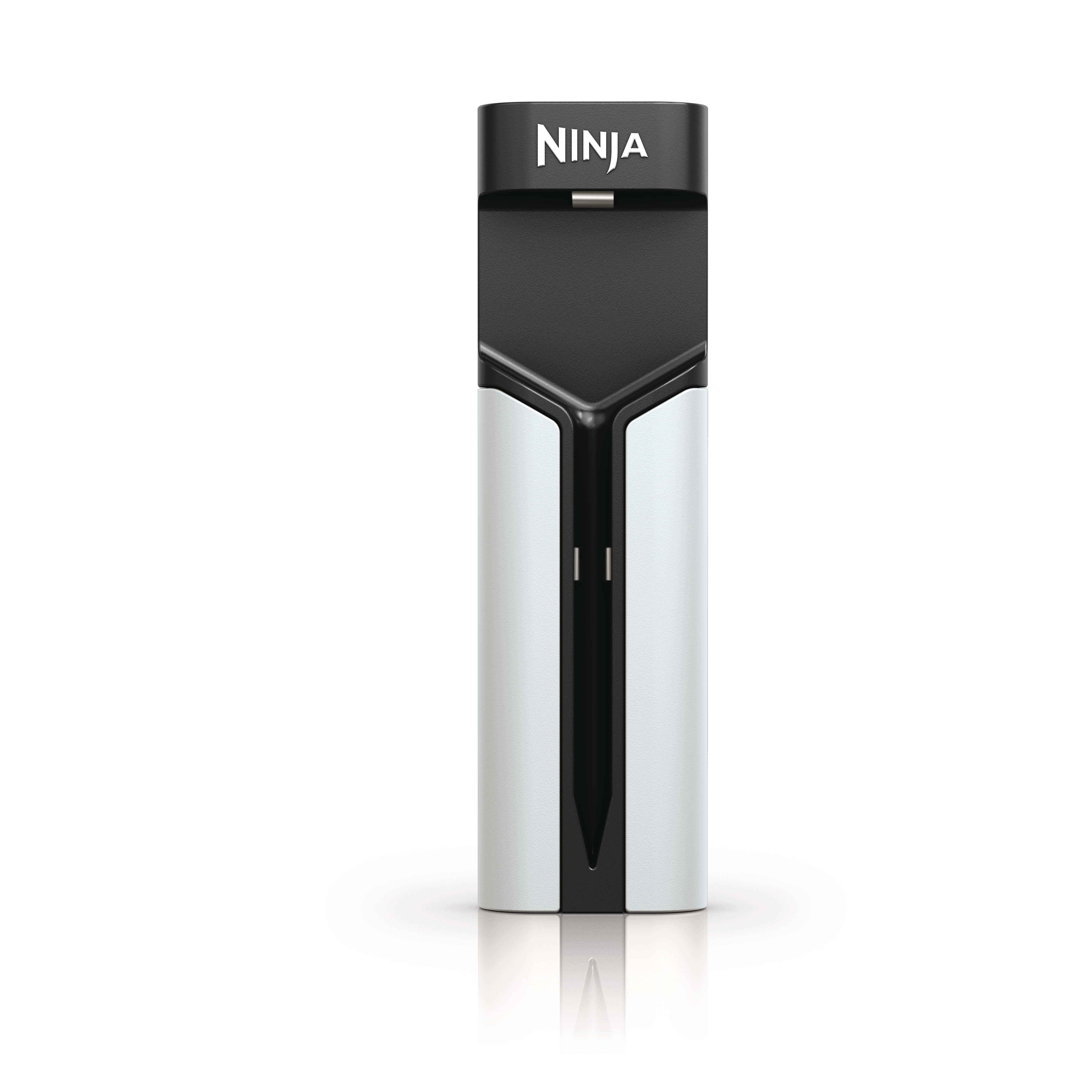 Ninja-Gerät, schwarze Oberseite mit weißem Ninja-Text, weiße Seiten, schwarze Mitte, aufrecht stehend, weißer Hintergrund.