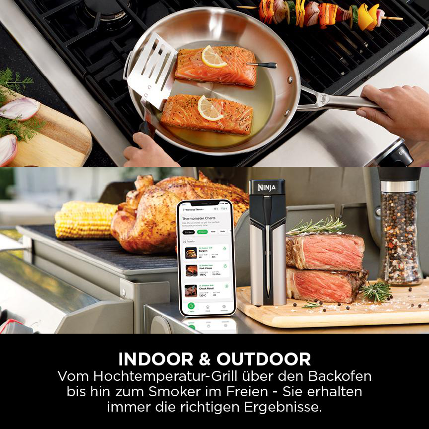 Das Bild zeigt Lachs in einer Pfanne, einen Grill mit Spießen, Hähnchen, Steak und ein Thermometer. Text sagt Indoor & Outdoor Kochen.