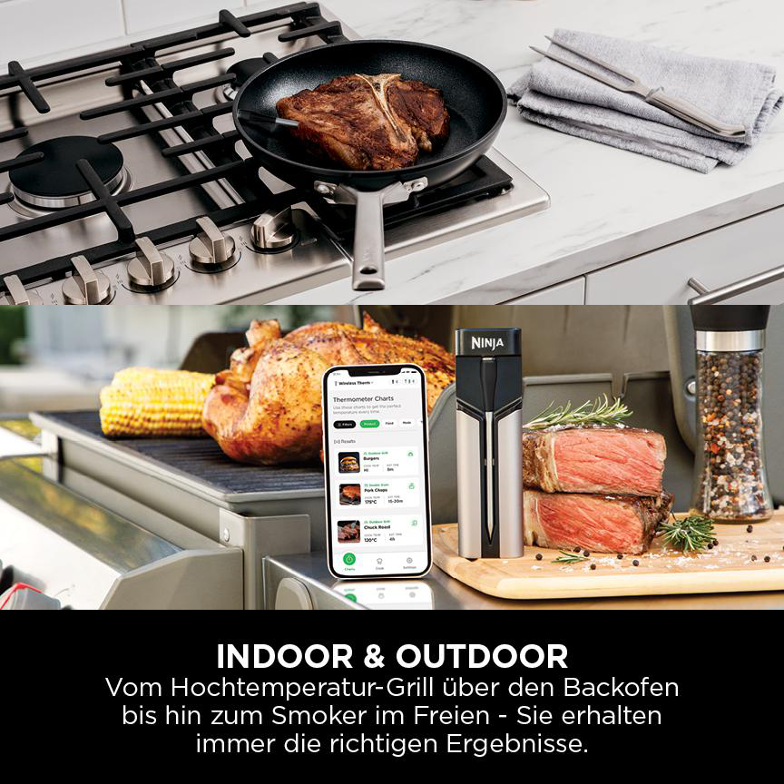 Das Bild zeigt Innen- und Außenkochen: ein Steak in einer Pfanne und ein gegrilltes Huhn mit Thermometer.