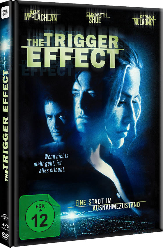 DVD-Cover für den Film 'The Trigger Effect'. Es zeigt drei Gesichter, Titel, Namen der Schauspieler, eine Stadt und Altersfreigabe.