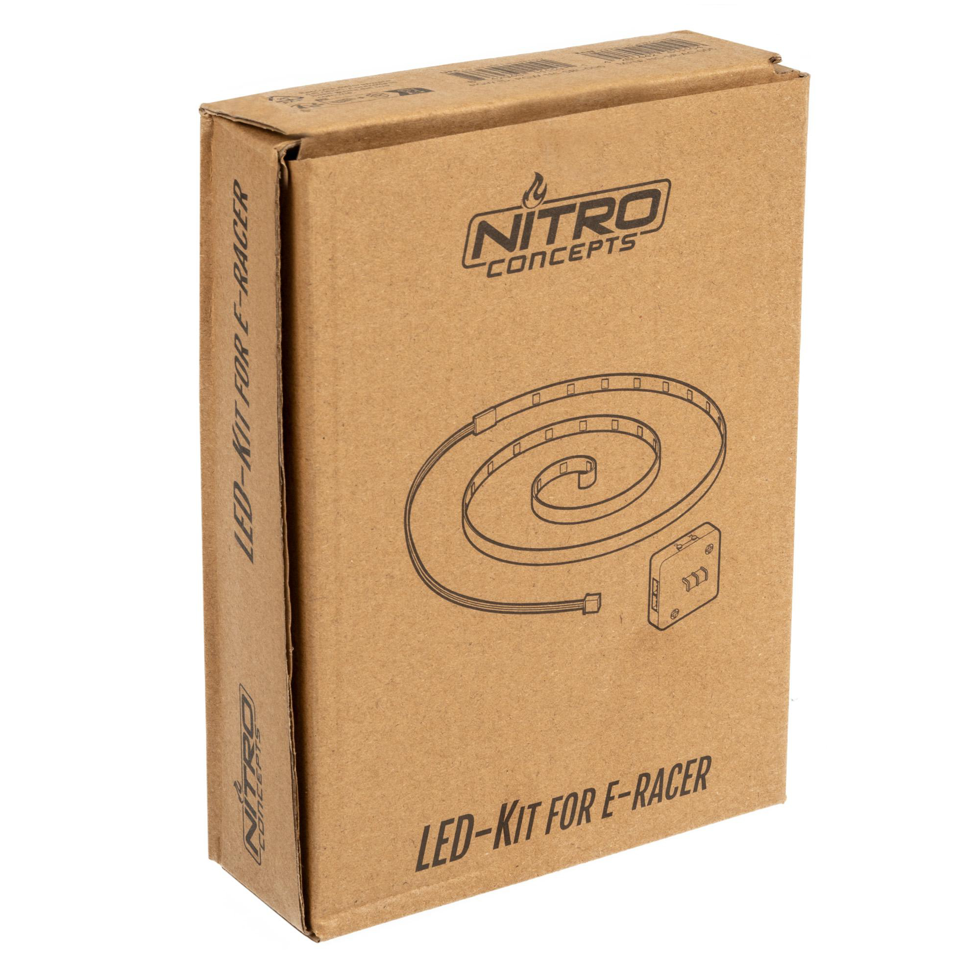 Karton mit einem Nitro Concepts LED-Kit für einen E-Racer. Die Box hat ein spiralförmiges LED-Design.