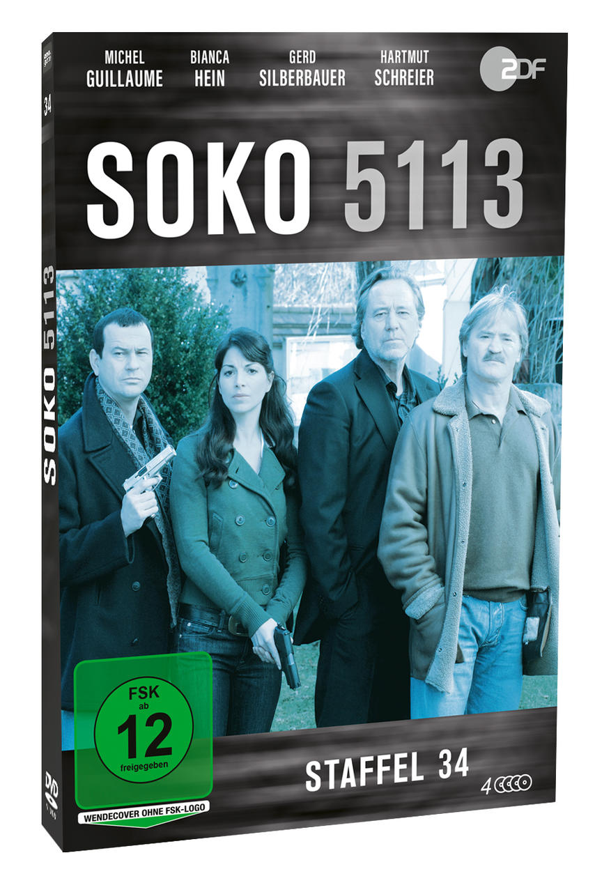 DVD-Cover von SOKO 5113, Staffel 34. Vier Personen mit ernsten Gesichtern und Waffen vor einer verschwommenen Szene im Freien. FSK 12.