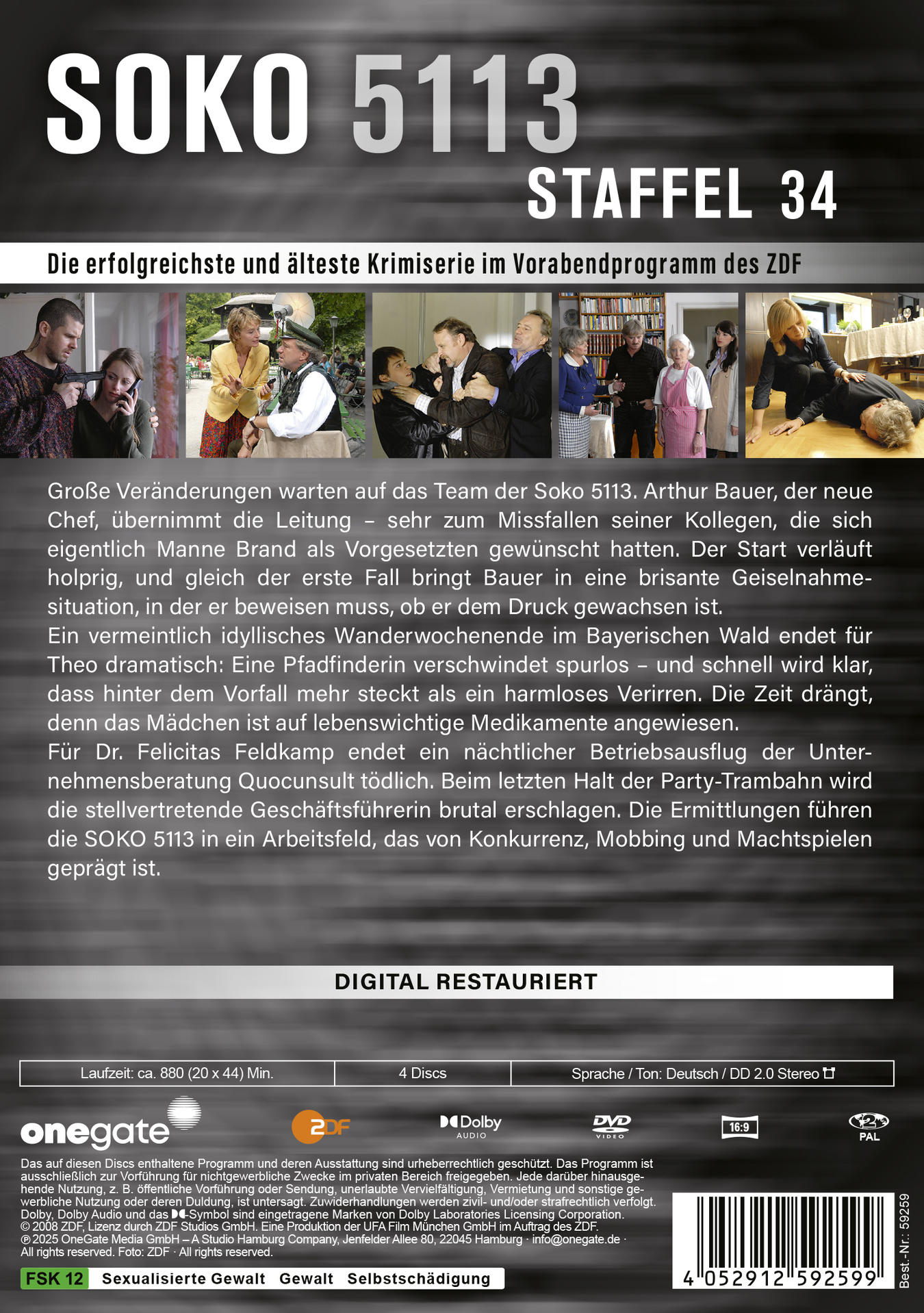 Poster für SOKO 5113, Staffel 34. Enthält Bilder der Darsteller und Text zur Beschreibung der Serie und Handlung.