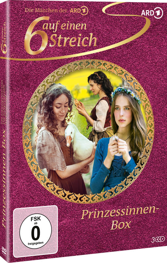 DVD-Cover. Drei Frauen in einem goldenen Rahmen. Eine hält eine Gans, eine andere einen Snack. Titel: 6 auf einen Streich, Prinzessinnen-Box.
