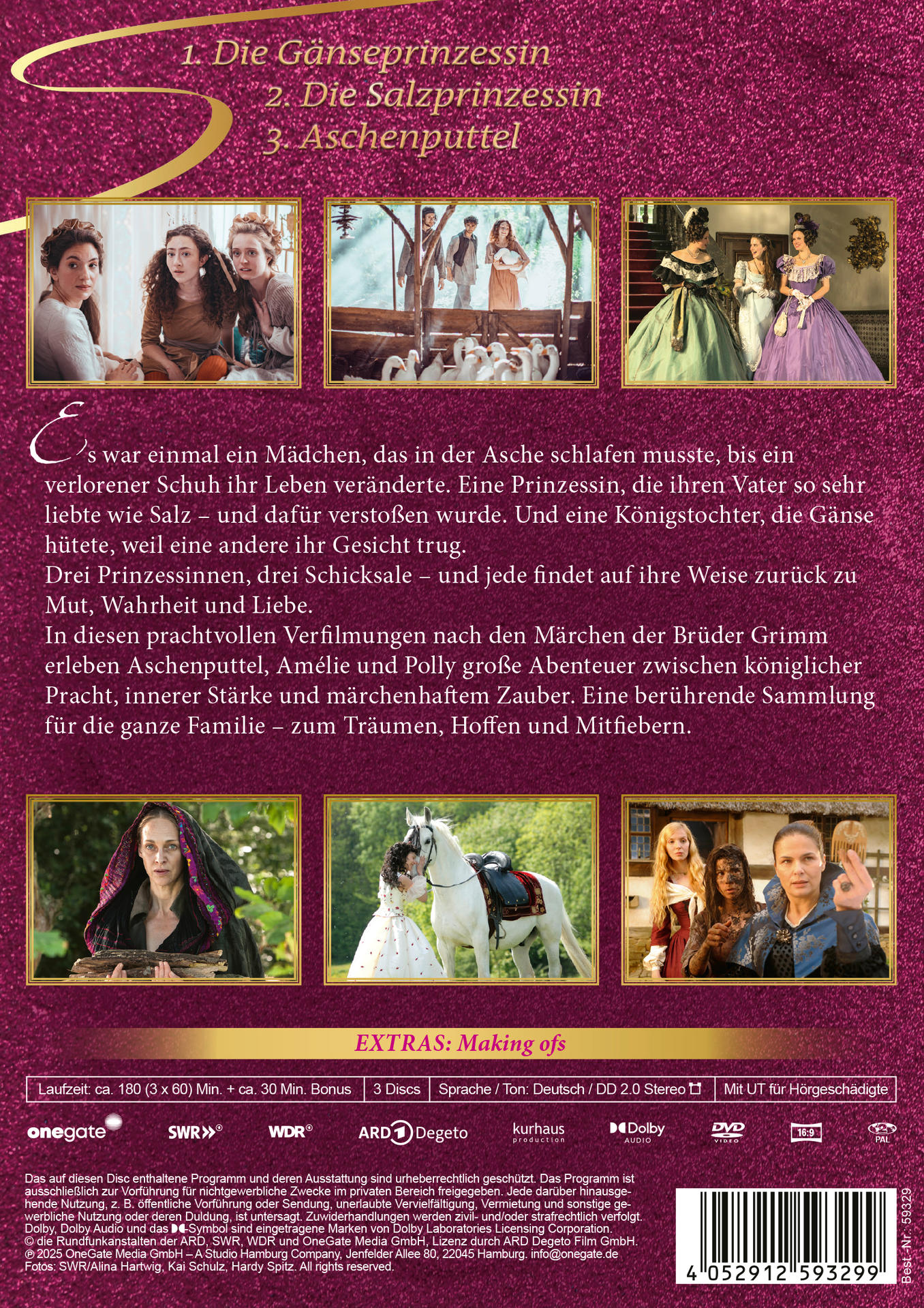 DVD-Cover mit drei Filmszenen. Titel: Die Gänseprinzessin, Die Salzprinzessin und Aschenputtel. Extras: Making ofs.