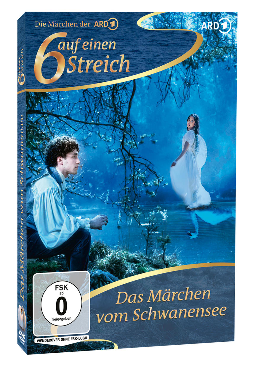 DVD-Cover: Mann sitzt am Wasser, Frau in weißem Kleid auf dem Wasser. Text: Das Märchen vom Schwanensee.