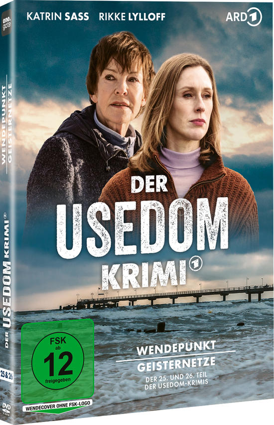 DVD-Cover. Zwei Frauen im Zentrum. Titel: Der Usedom Krimi. Hintergrund zeigt einen Steg auf stürmischer See. FSK 12-Logo unten.