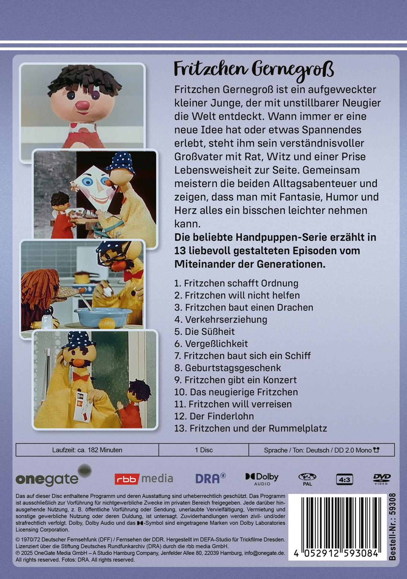 DVD-Cover. Puppenjunge und andere Puppen. Text in Deutsch. Titel ist Fritzchen Gernegroß.