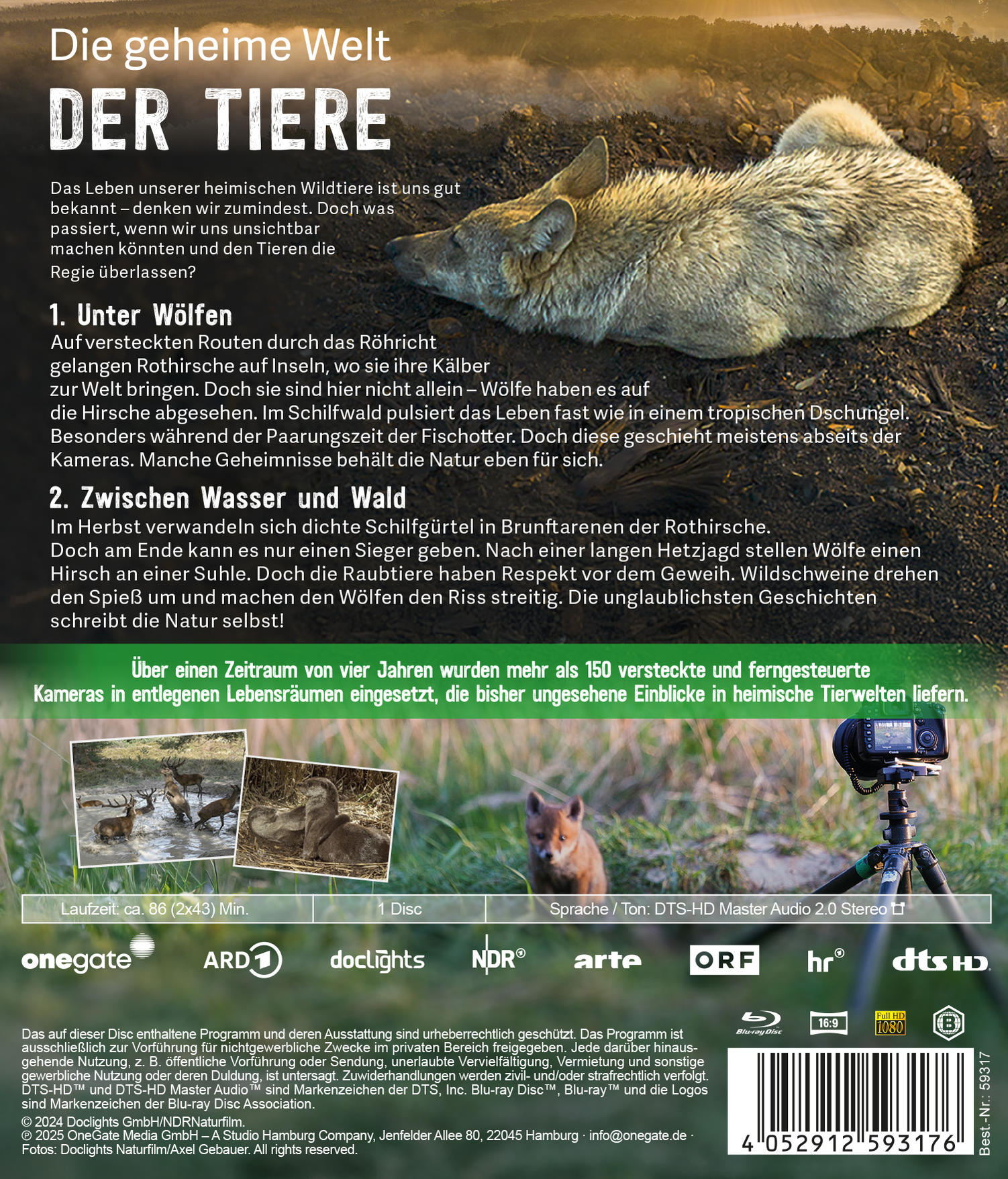 DVD-Cover mit Wolf, Text und Tierbildern. Der Titel lautet: 'Die geheime Welt der Tiere'.