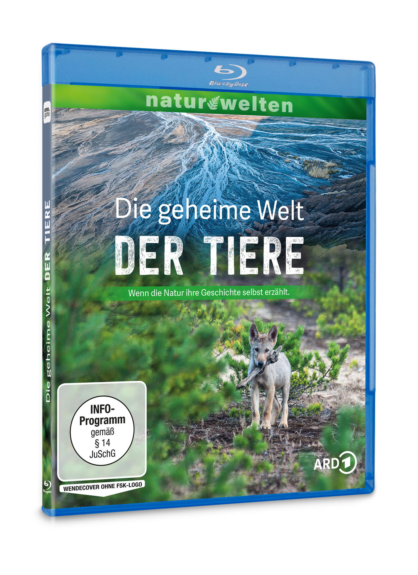 Blu-ray-Disc-Cover mit dem Titel „Die geheime Welt DER TIERE“. Ein Wolfswelpe mit einem Stock steht vor grünen Büschen. Berge im Hintergrund.