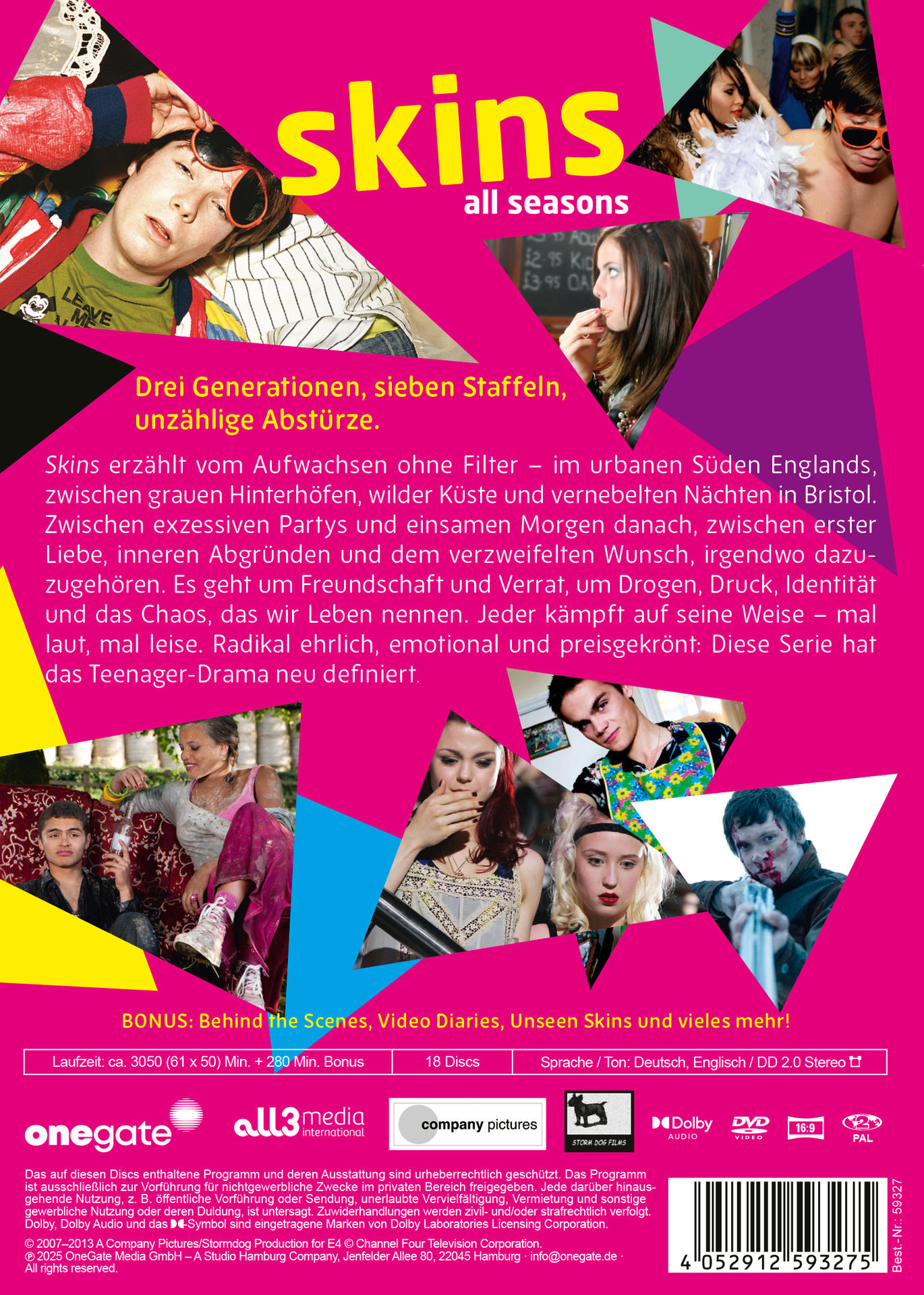 Poster der Serie 'Skins'. Es zeigt junge Erwachsene mit deutschem Text. Enthält DVD-Infos und Logos.
