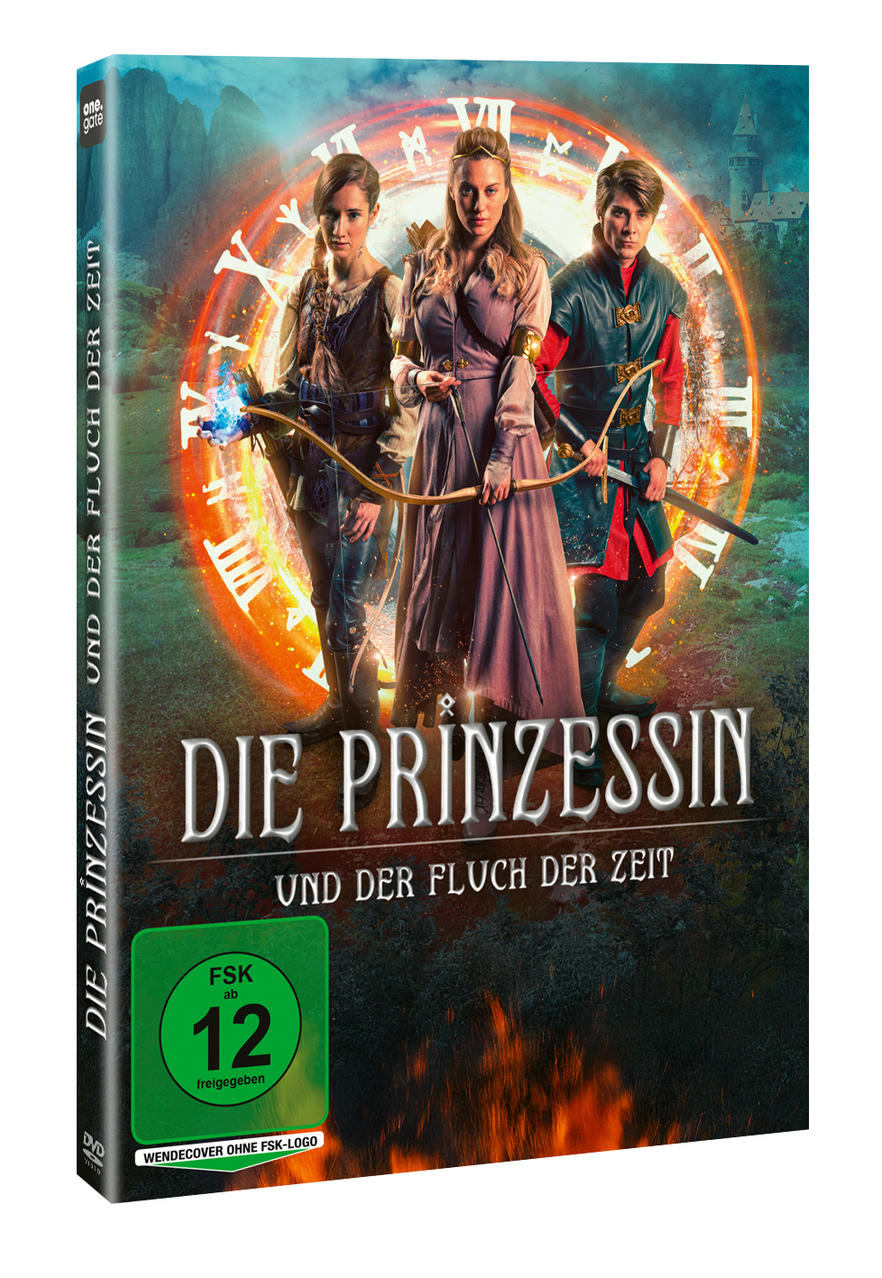 DVD-Cover: Drei Personen mit Bögen stehen vor einer Uhr. Titel ist 'Die Prinzessin und der Fluch der Zeit'.