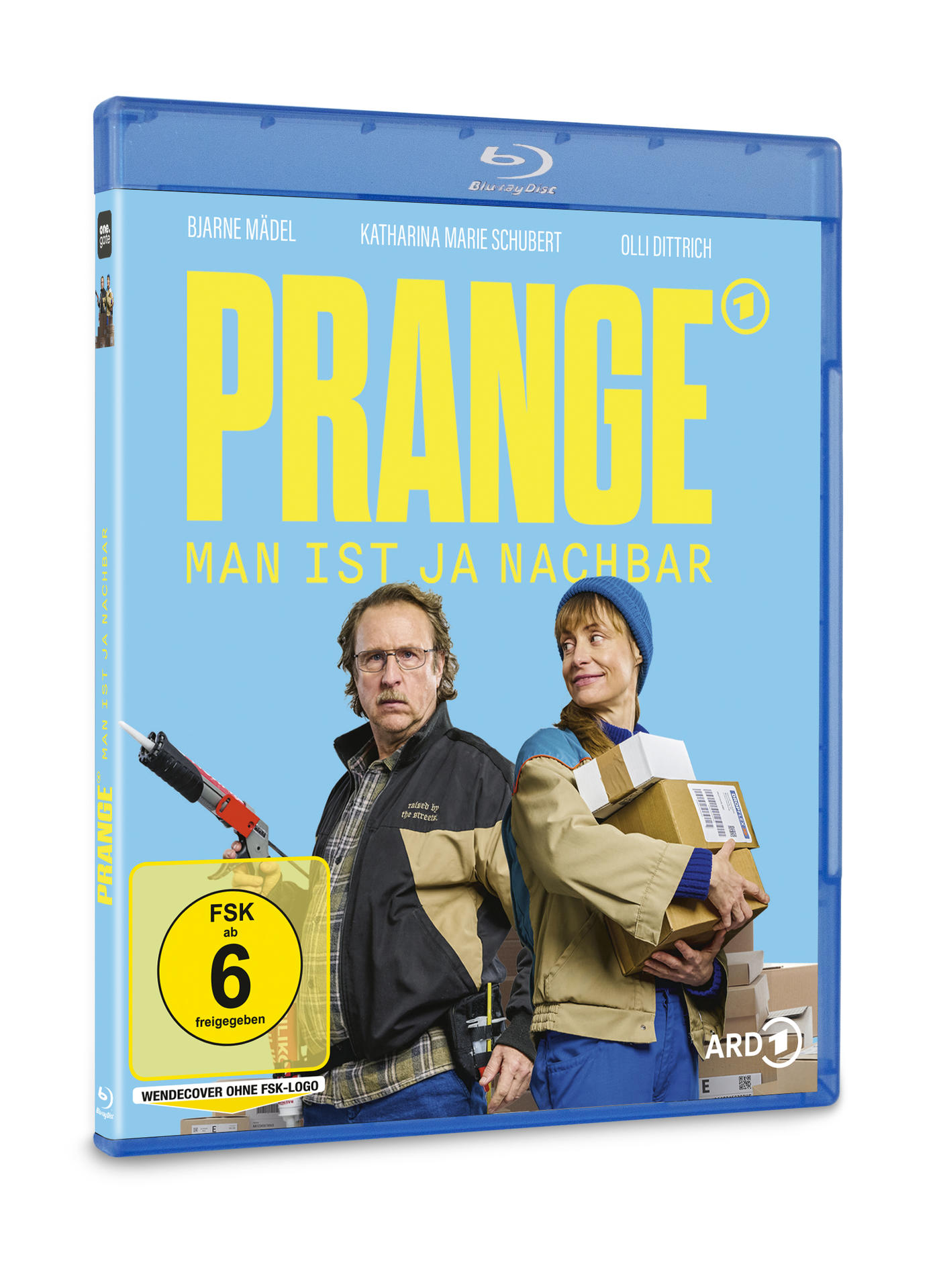 Blu-ray-Cover mit zwei Personen. Mann hält Werkzeug, Frau hält Kartons. Titel: PRANGE. Deutscher Text. Blauer Hintergrund.