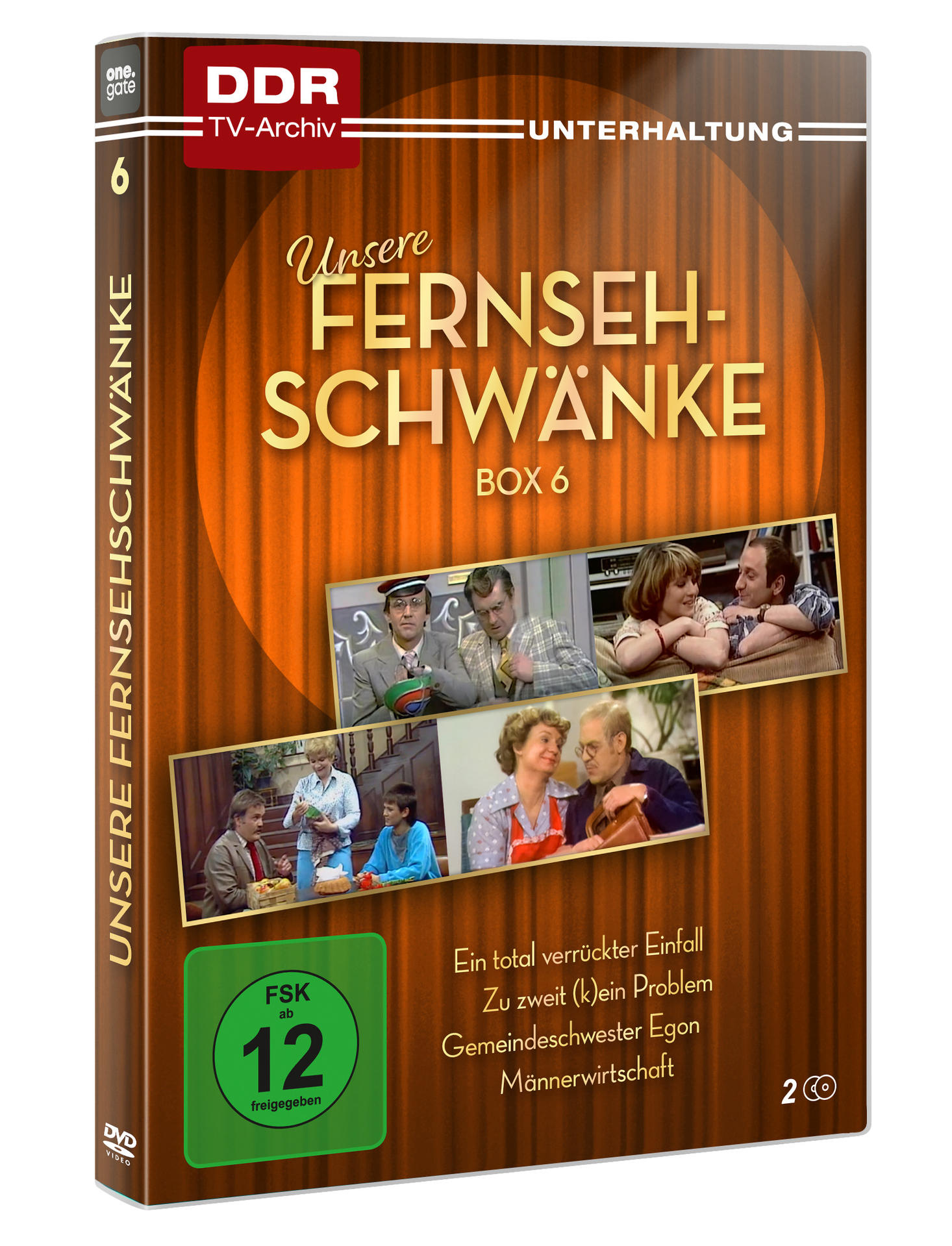 DVD-Box mit dem Titel 'Unsere Fernsehschwänke'. Sie zeigt Schauspieler, eine grüne 'FSK 12'-Bewertung und Text auf Deutsch.