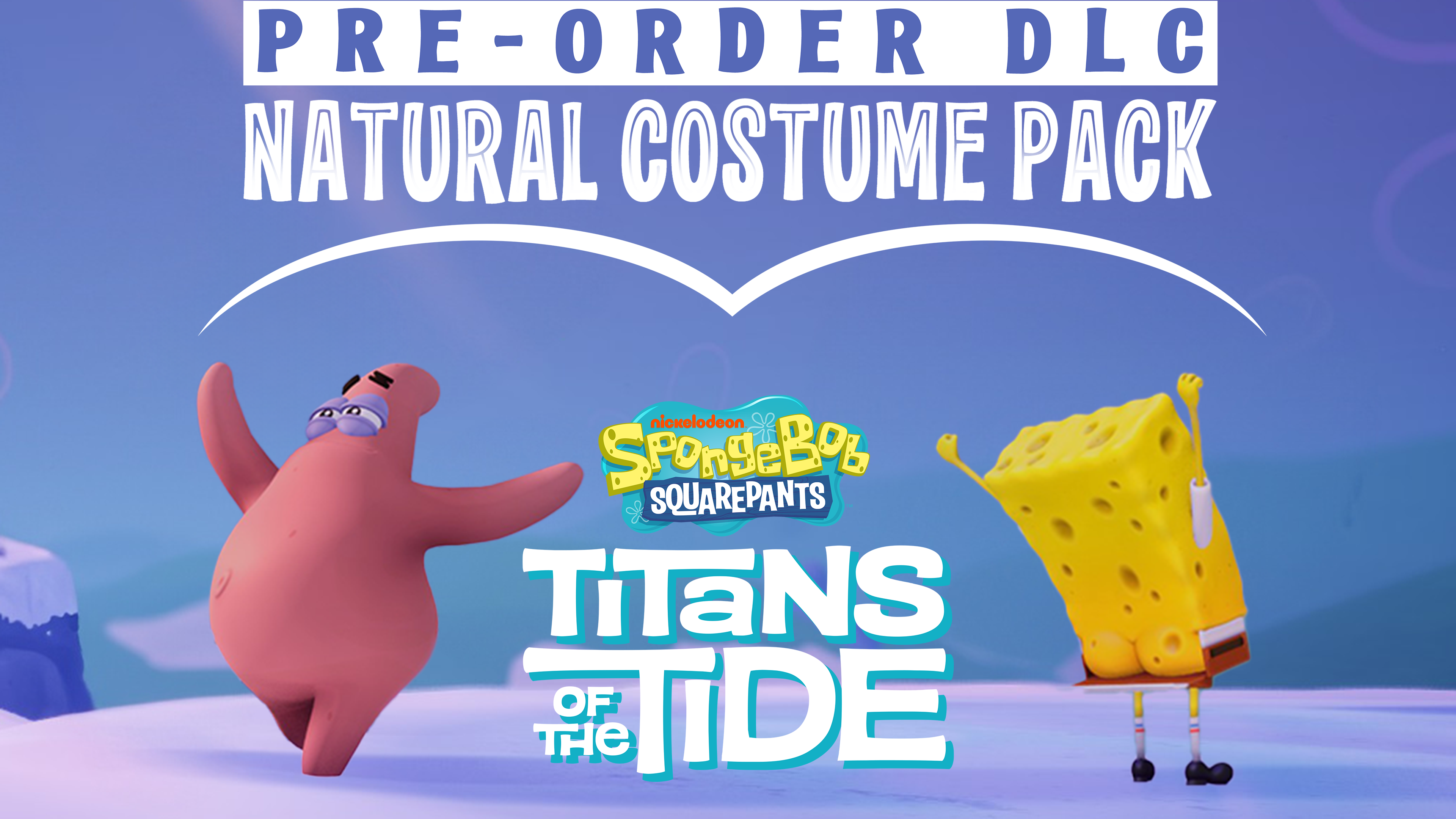 SpongeBob i Patryk w zaśnieżonej scenerii. Tekst brzmi „Pre-order DLC Natural Costume Pack” i „Titans of the Tide”.