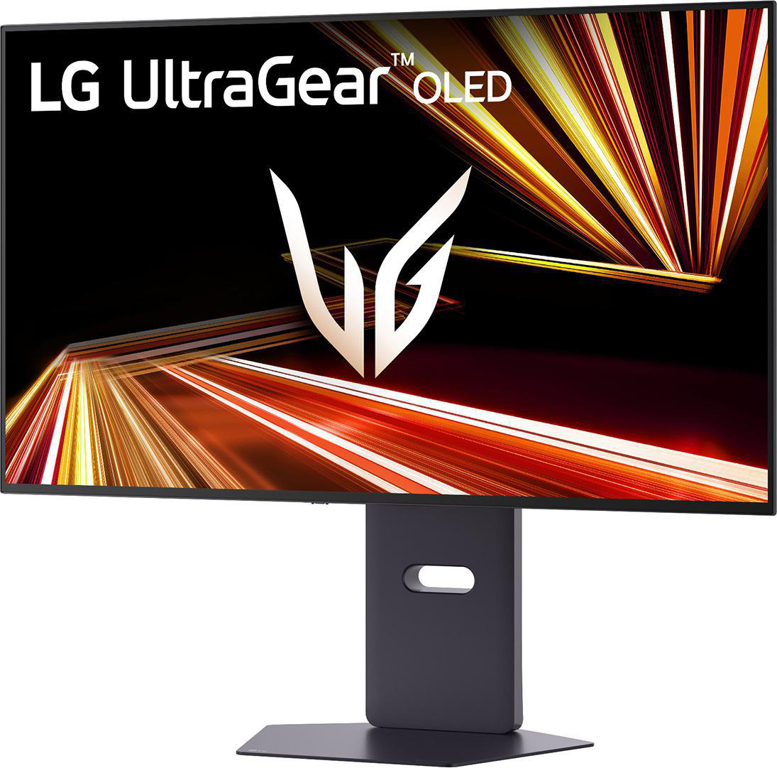LG UltraGear OLED Monitor. Der Bildschirm zeigt ein stilisiertes Design mit roten und orangen Streifen. Er hat einen schwarzen Standfuß.