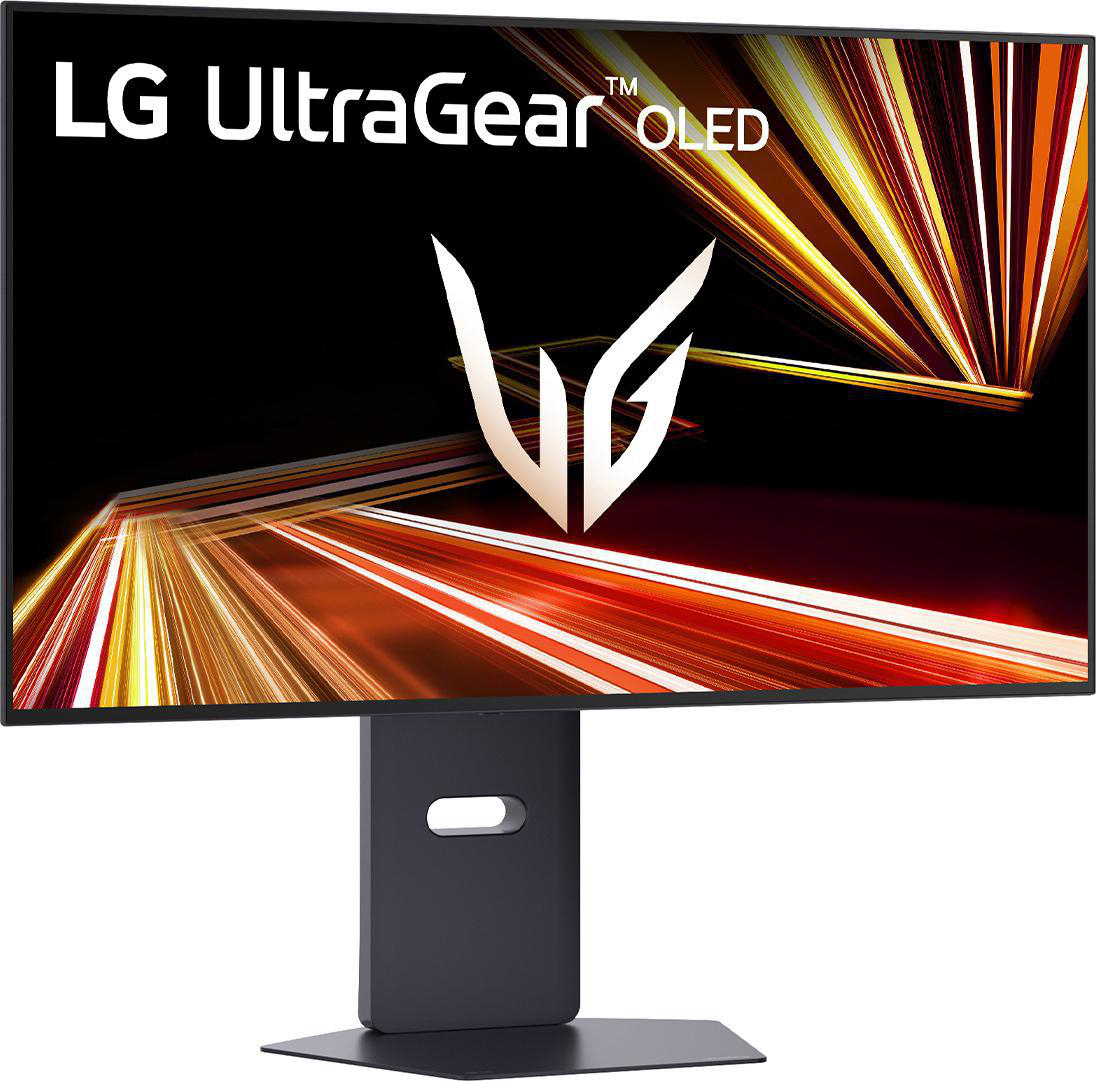 LG UltraGear OLED-Monitor. Der Bildschirm zeigt ein Logo und abstrakte orangefarbene und gelbe Linien. Der Ständer ist schwarz.