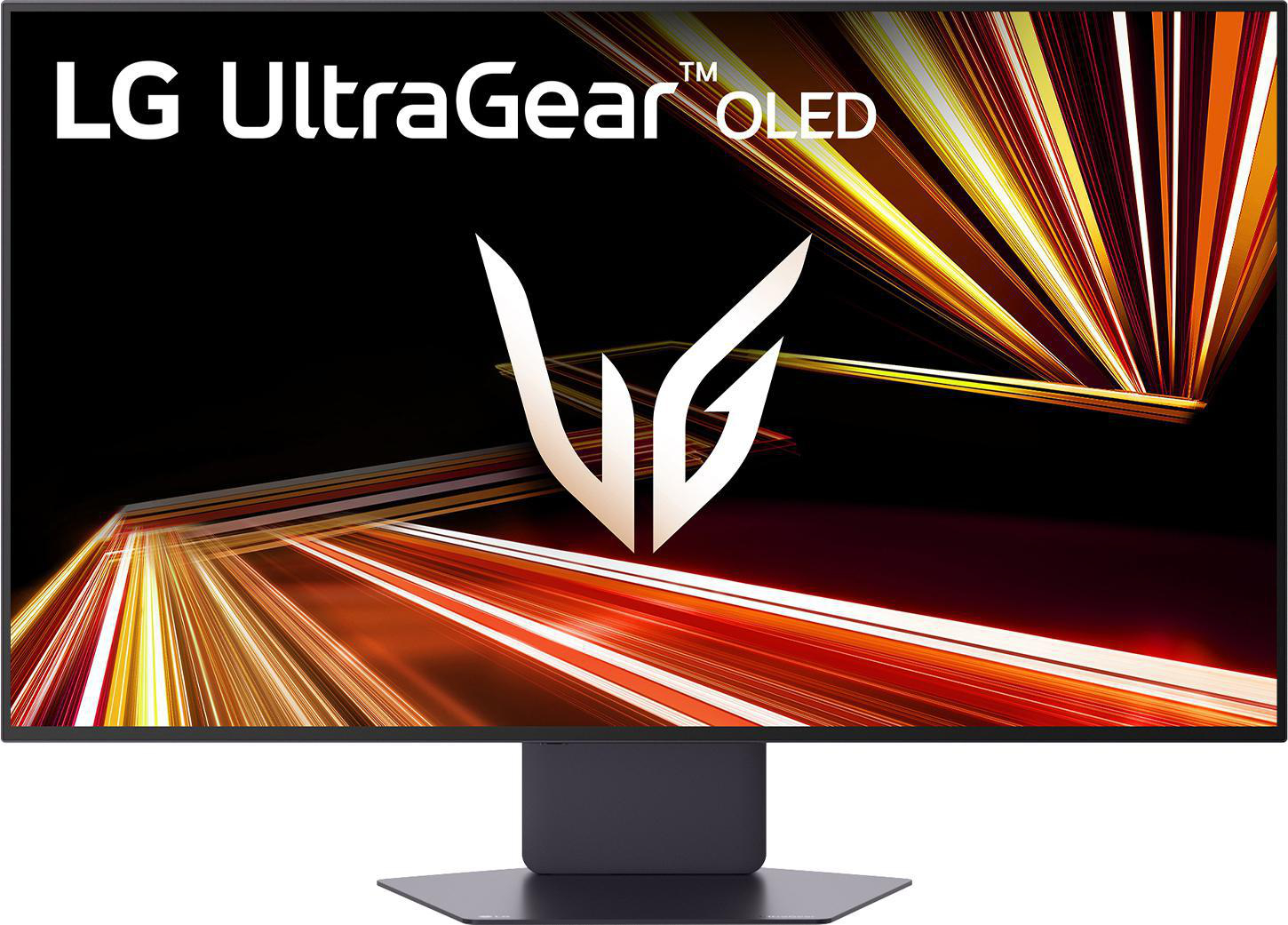 LG UltraGear OLED-Monitor. Schwarzer Rahmen, schwarzer Ständer und eine dynamische rot-gelbe Grafik auf dem Bildschirm.