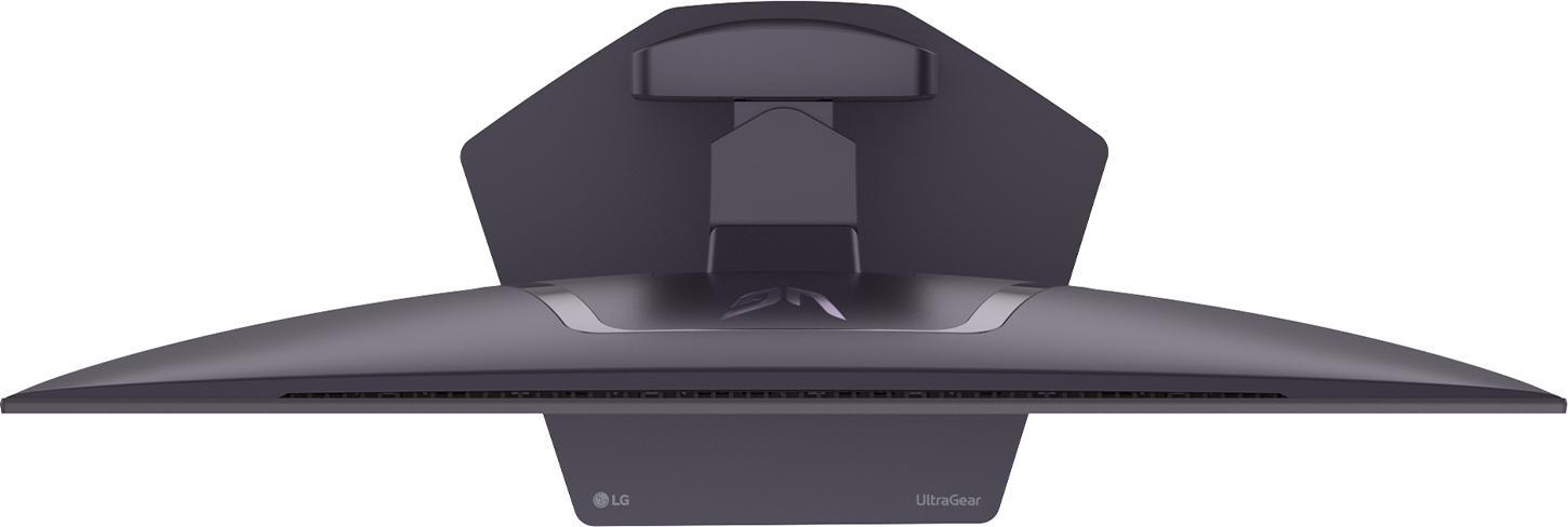 Ein dunkelgrauer LG-Monitor. Der Ständer ist hinten befestigt. Der Markenname und das Modell sind unten sichtbar.