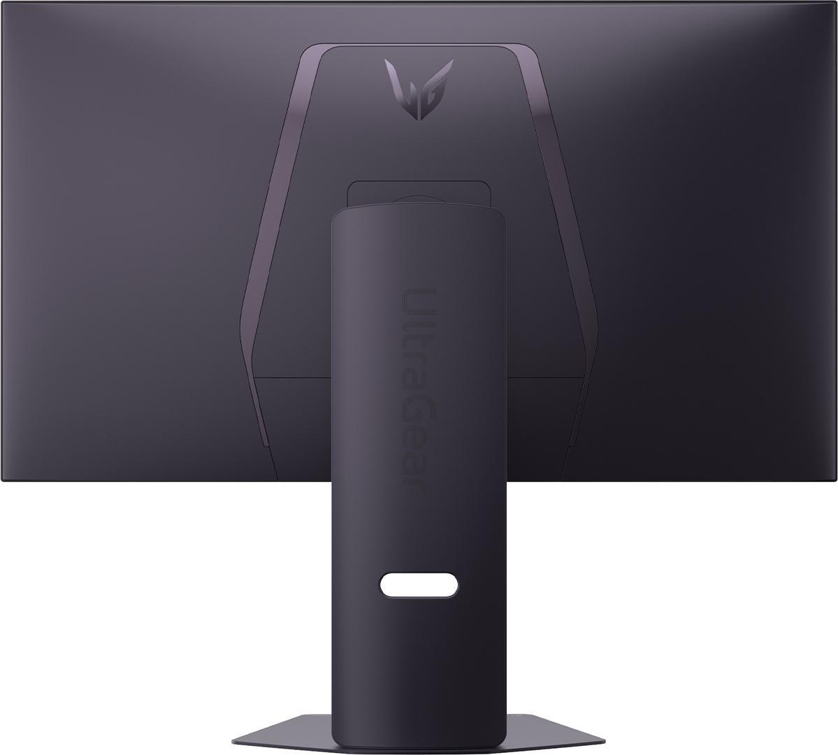 Rückseite eines schwarzen Computermonitors. Er hat einen Ständer mit dem Wort 'UltraGear' und dem LG-Logo. Die Farbe ist dunkelgrau.