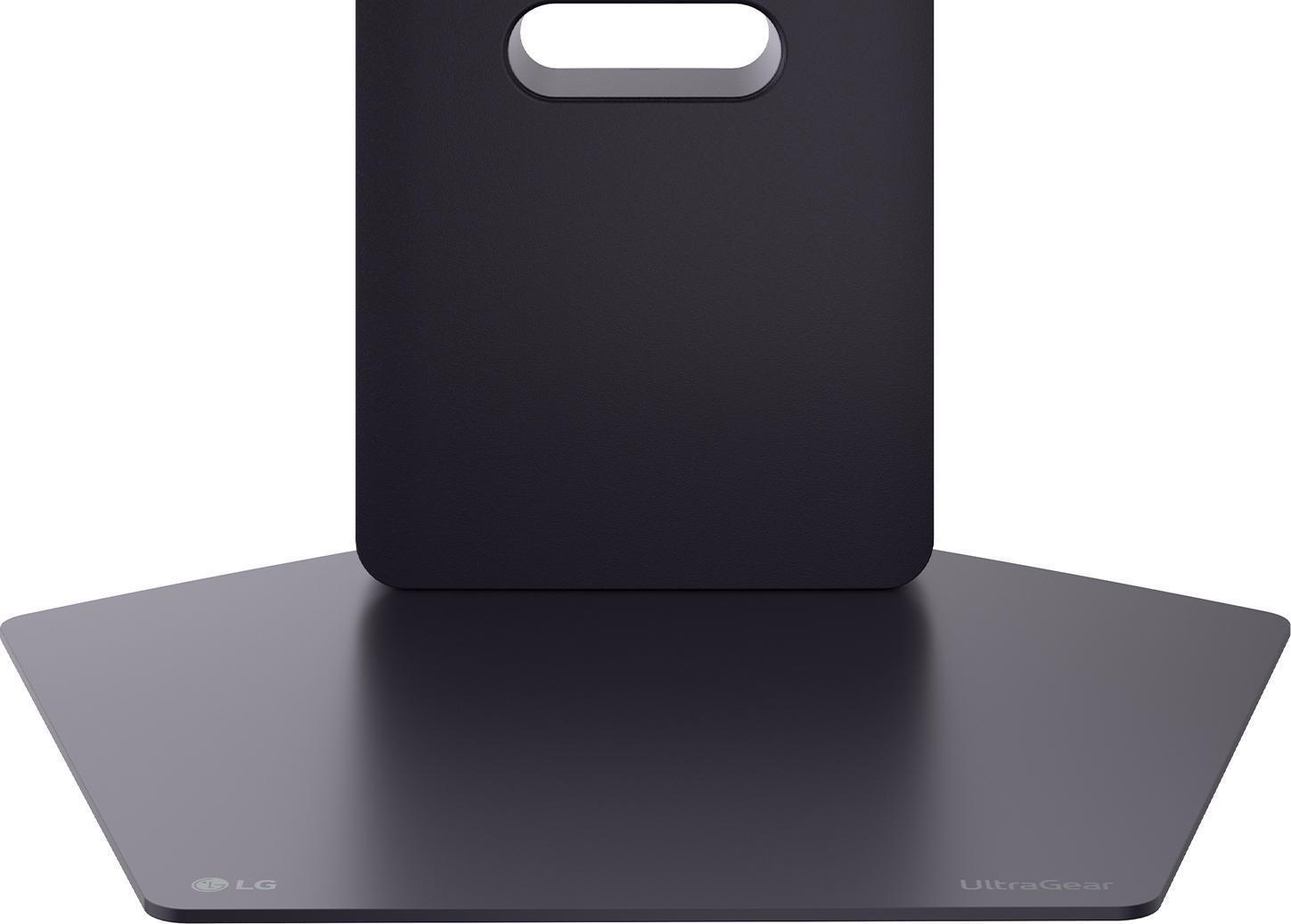 Ein schwarzer LG UltraGear Monitorständer mit rechteckiger Basis und Griff am oberen Teil des Ständers.
