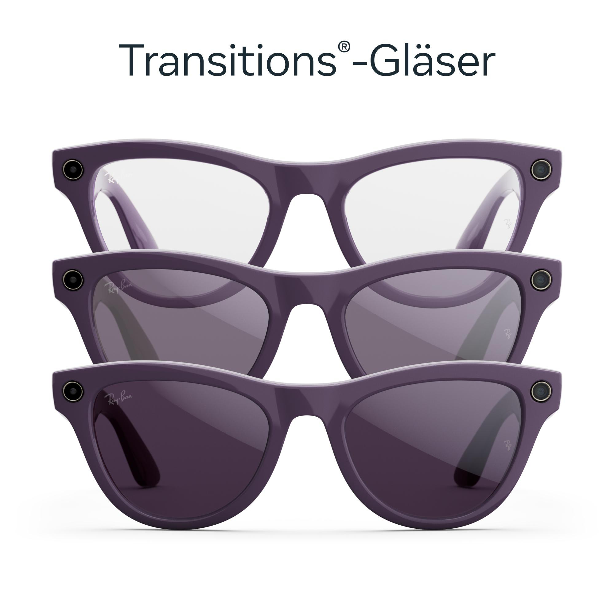Drei Brillen mit violettem Rahmen und unterschiedlichen Glastönungen, jeweils mit Kamera.