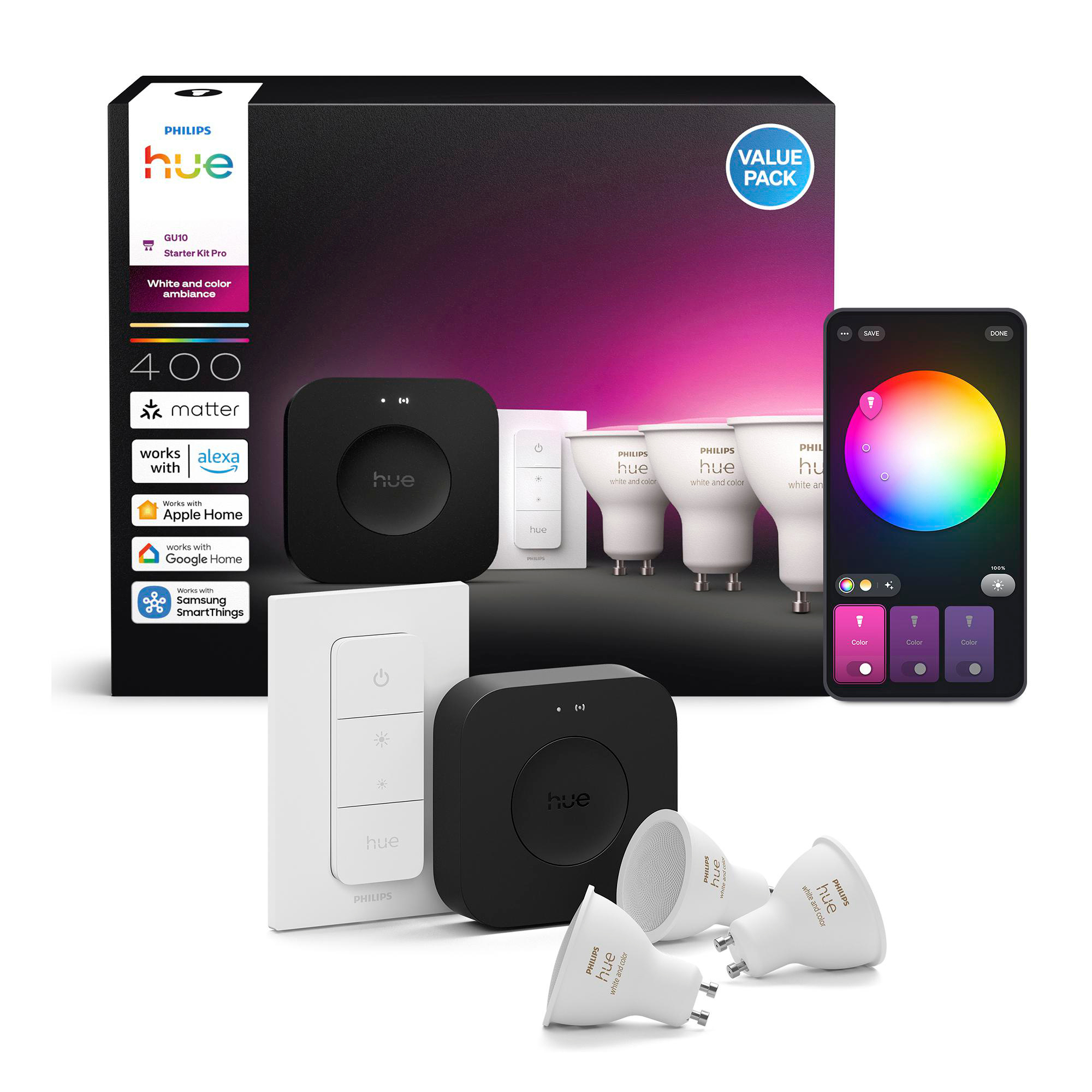 Philips Hue Starter-Kit mit Lampen, Hub und Fernbedienung. Enthält ein Telefon, das Farboptionen anzeigt.