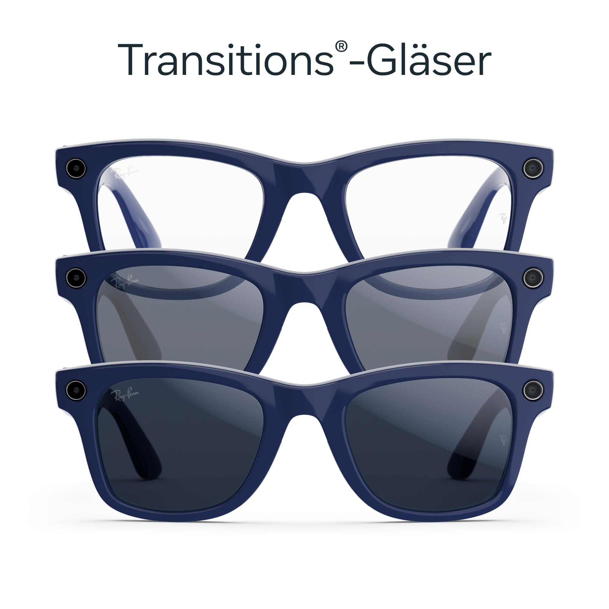 Drei Brillenpaare von Ray-Ban mit blauen Rahmen, die von klar zu dunkler Tönung übergehen.