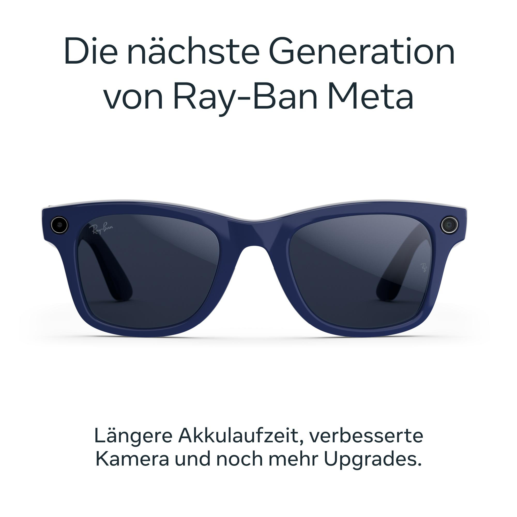 Blaue Ray-Ban Meta Sonnenbrille. Text sagt nächste Generation, längere Akkulaufzeit, verbesserte Kamera.