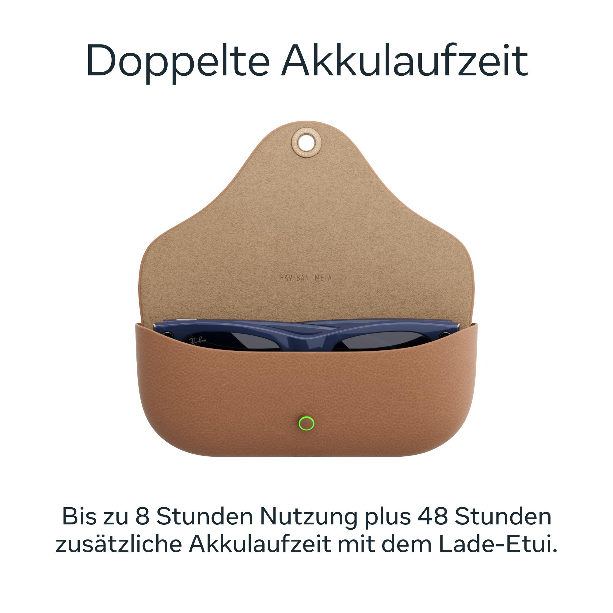 Sonnenbrille in braunem Etui, mit Text oben und unten. Das Etui ist offen und zeigt die Brille.