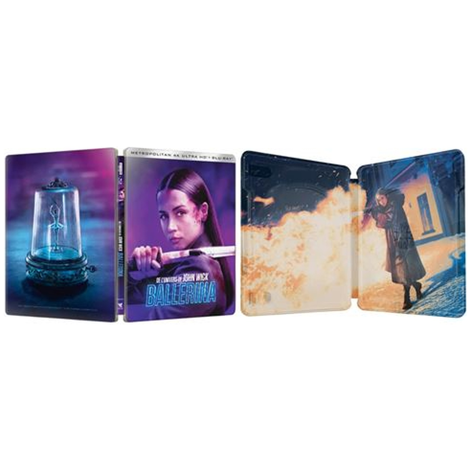 Open Blu-ray case. Cover shows a woman with a sword, and a ballerina title. Inside, a burning scene and a woman in the snow.