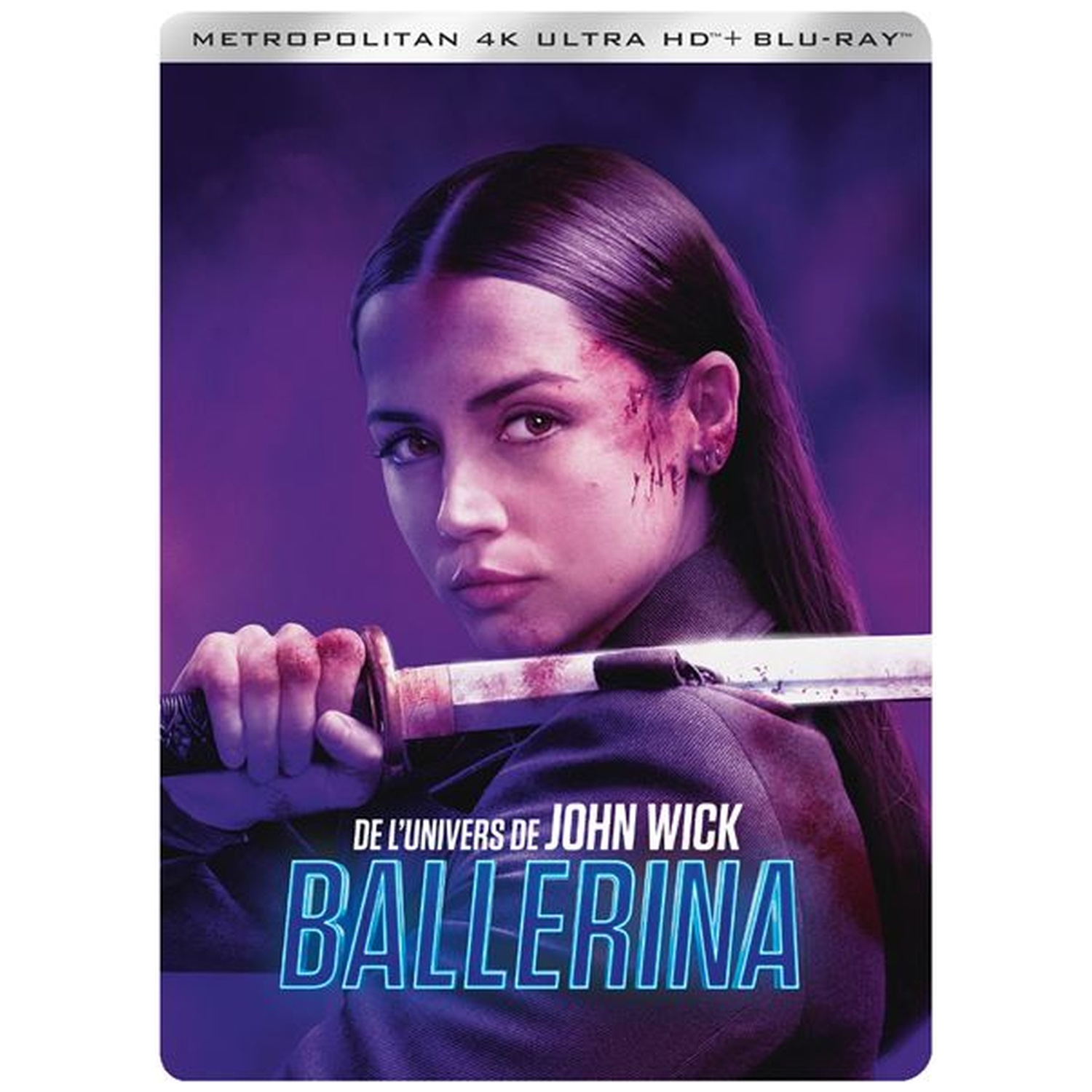 A woman with a sword is in a movie poster. She has blood on her face. The title is Ballerina.