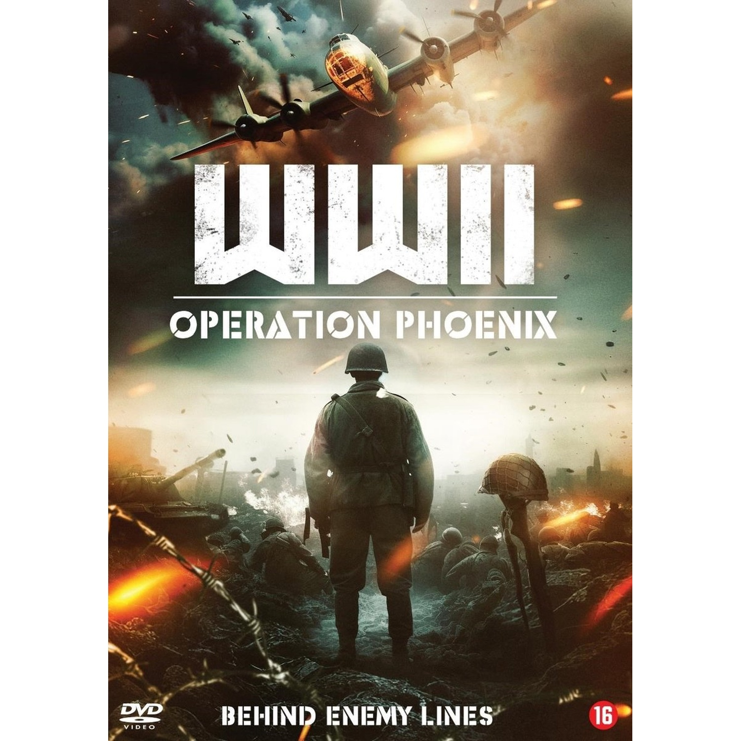 WOII-filmposter. Een soldaat staat vooruit te kijken. Een bommenwerper vliegt boven. Explosies en oorlogsscènes op de achtergrond.