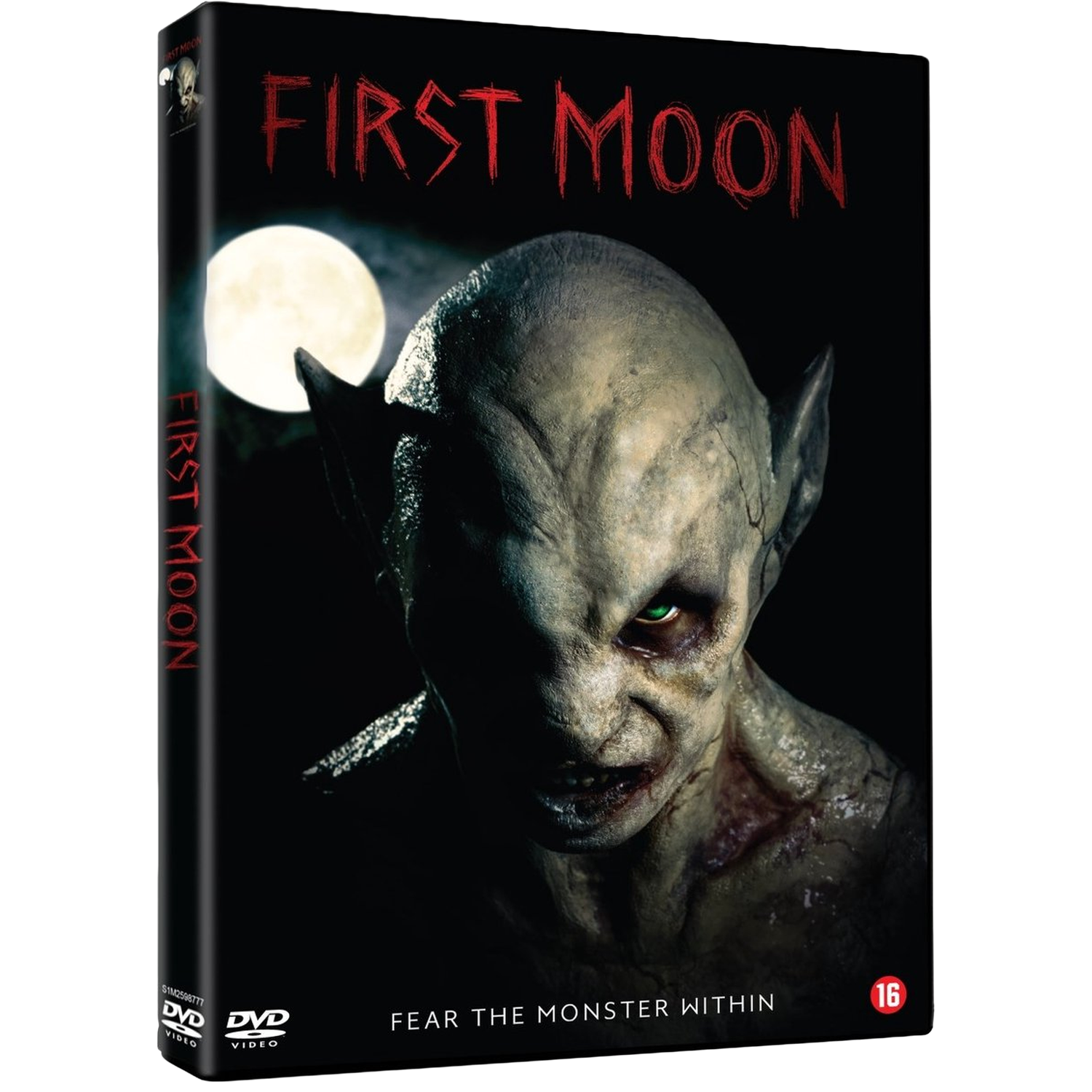 Couverture DVD de 'First Moon'. Un monstre aux yeux verts se tient devant une pleine lune. Le titre est en lettres rouges.